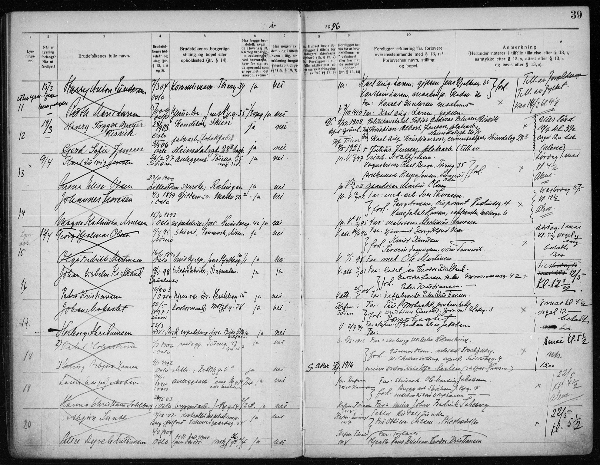Tøyen prestekontor Kirkebøker, AV/SAO-A-10167a/H/Ha/L0001: Banns register no. 1, 1919-1937, p. 39