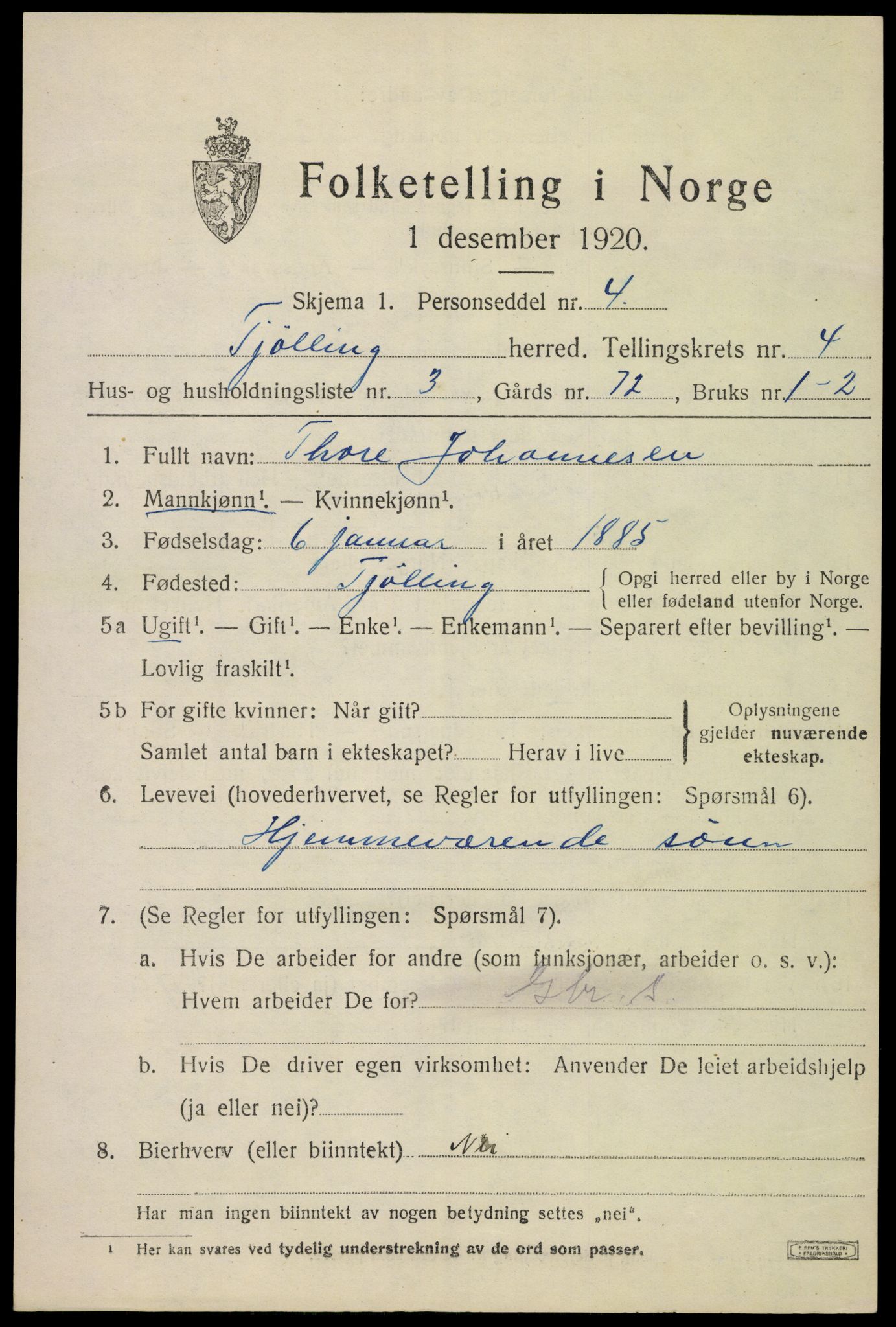 SAKO, 1920 census for Tjølling, 1920, p. 7525