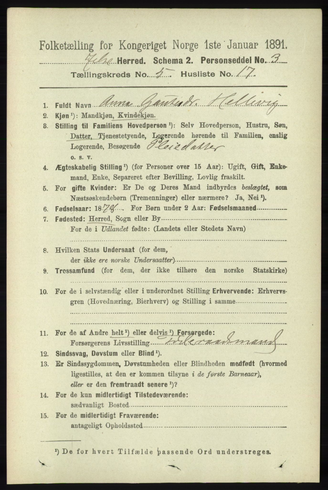 RA, 1891 census for 1138 Jelsa, 1891, p. 1143