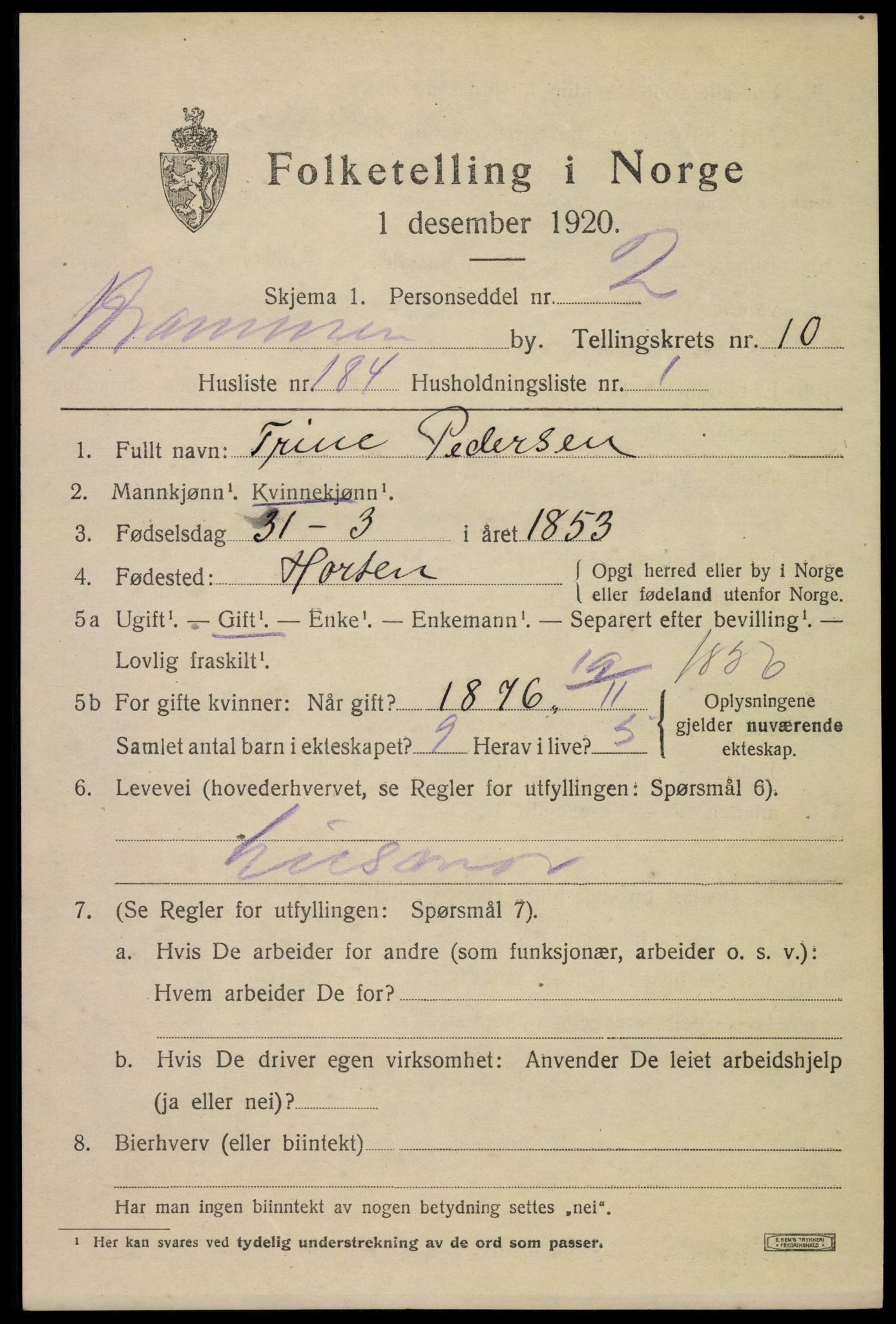 SAKO, 1920 census for Drammen, 1920, p. 65615