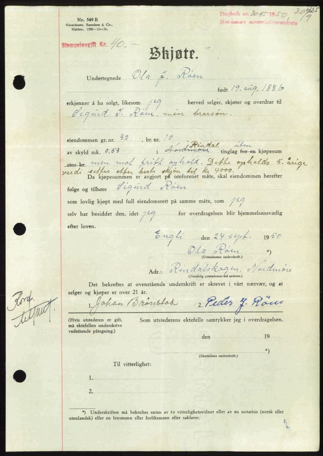 Nordmøre sorenskriveri, AV/SAT-A-4132/1/2/2Ca: Mortgage book no. A116, 1950-1950, Diary no: : 3045/1950