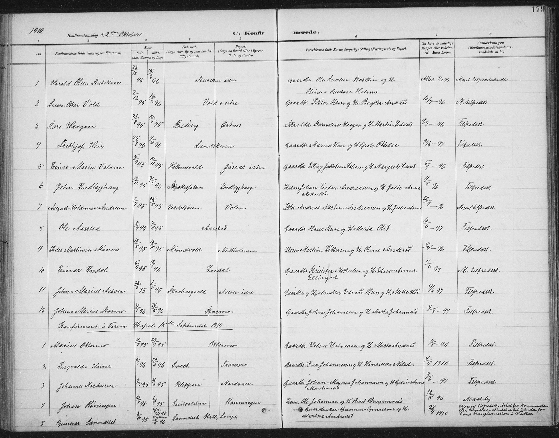 Ministerialprotokoller, klokkerbøker og fødselsregistre - Nord-Trøndelag, AV/SAT-A-1458/724/L0269: Parish register (copy) no. 724C05, 1899-1920, p. 179