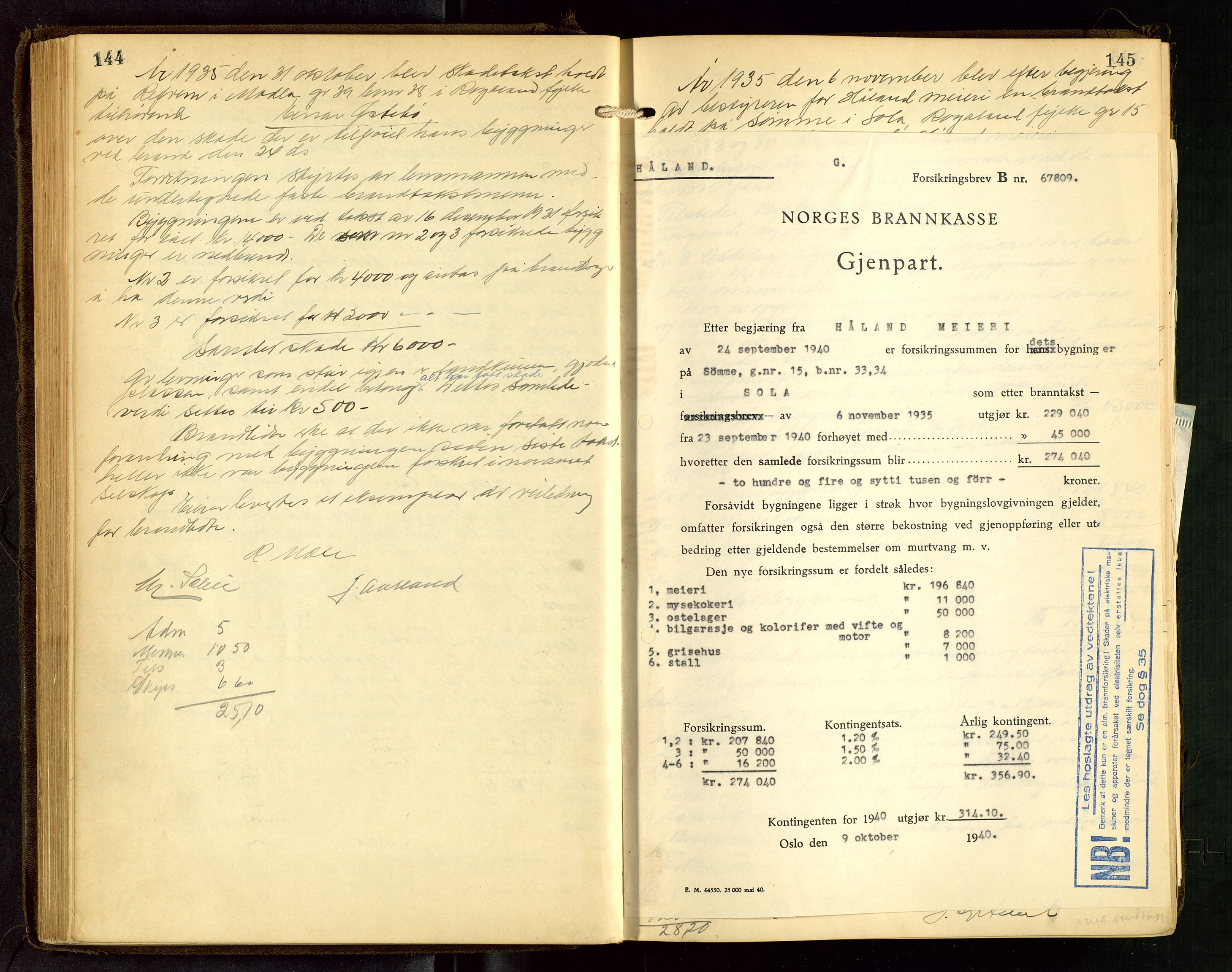 Håland lensmannskontor, AV/SAST-A-100100/Go/L0005: "Brandtakstprotokoll"  Register i boken., 1929-1948, p. 144-145