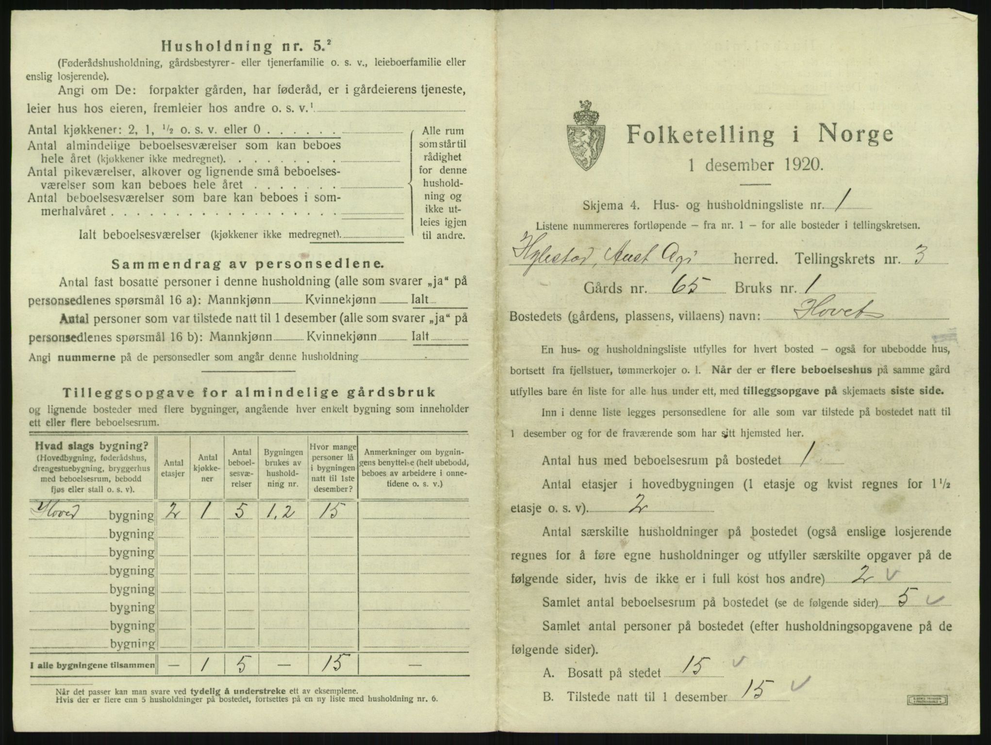 SAK, 1920 census for Hylestad, 1920, p. 126