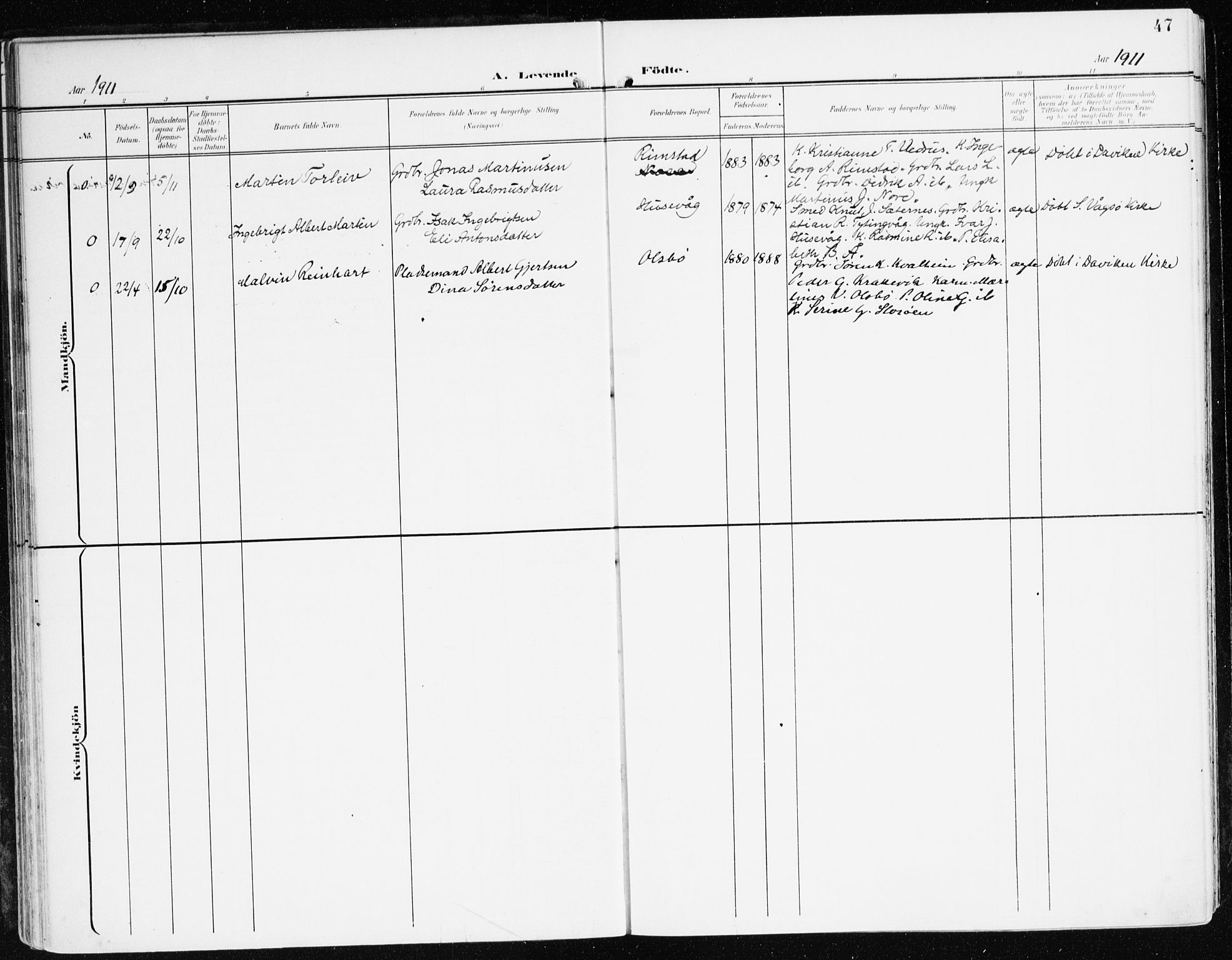 Davik sokneprestembete, AV/SAB-A-79701/H/Haa/Haad/L0002: Parish register (official) no. D 2, 1901-1930, p. 47