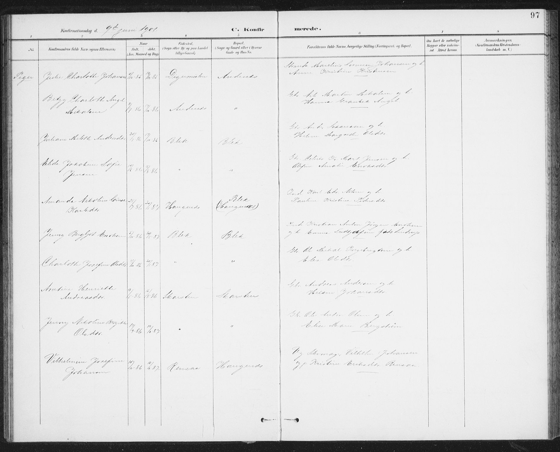 Ministerialprotokoller, klokkerbøker og fødselsregistre - Nordland, AV/SAT-A-1459/899/L1437: Parish register (official) no. 899A05, 1897-1908, p. 97