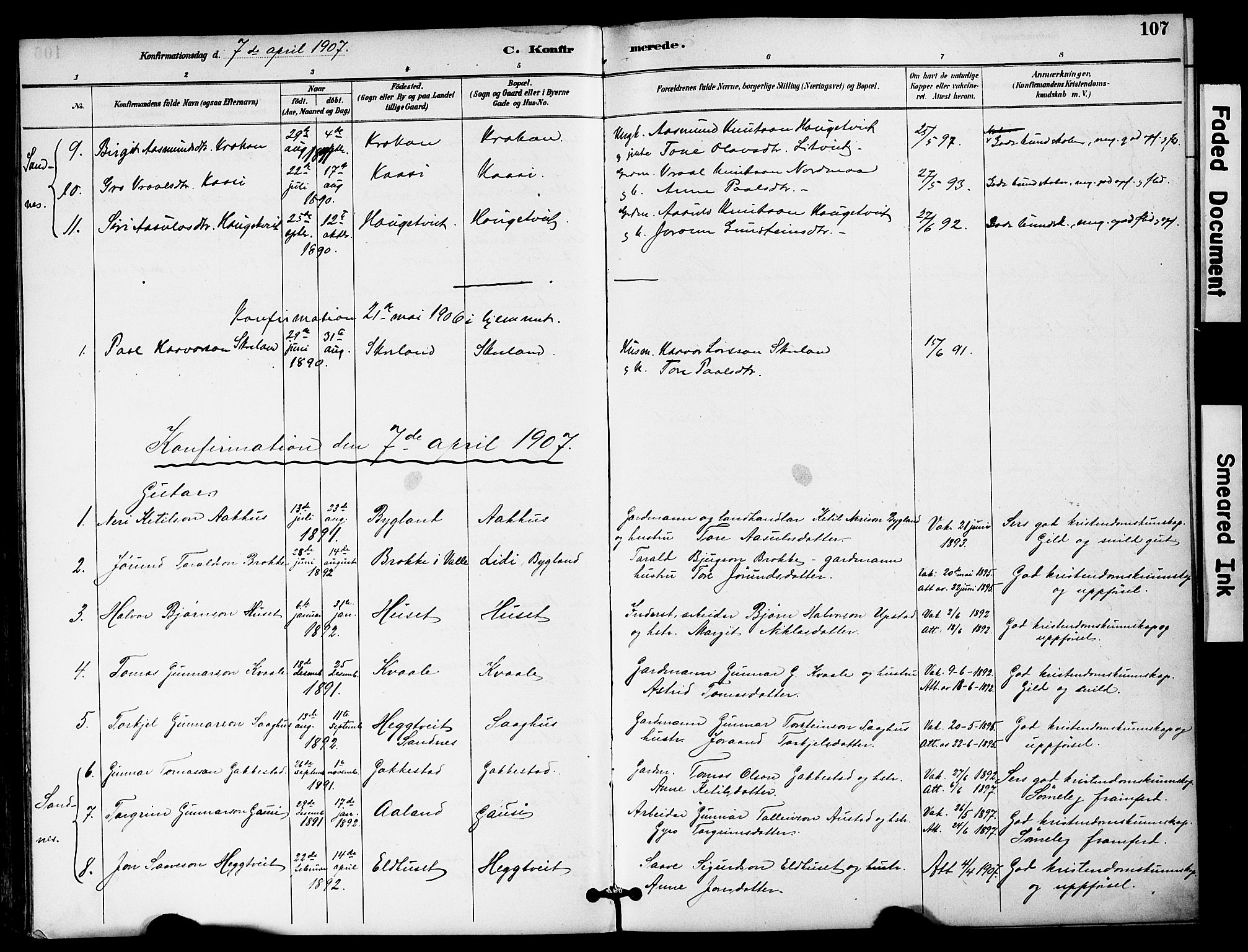 Bygland sokneprestkontor, AV/SAK-1111-0006/F/Fa/Fab/L0007: Parish register (official) no. A 7, 1885-1909, p. 107