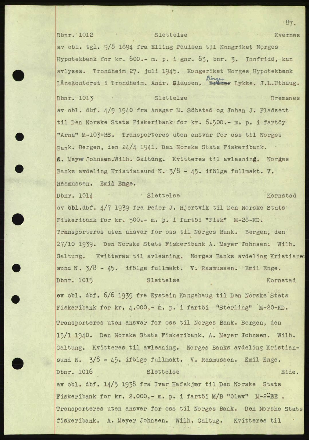 Nordmøre sorenskriveri, AV/SAT-A-4132/1/2/2Ca: Mortgage book no. C82a, 1945-1946, Diary no: : 1012/1945