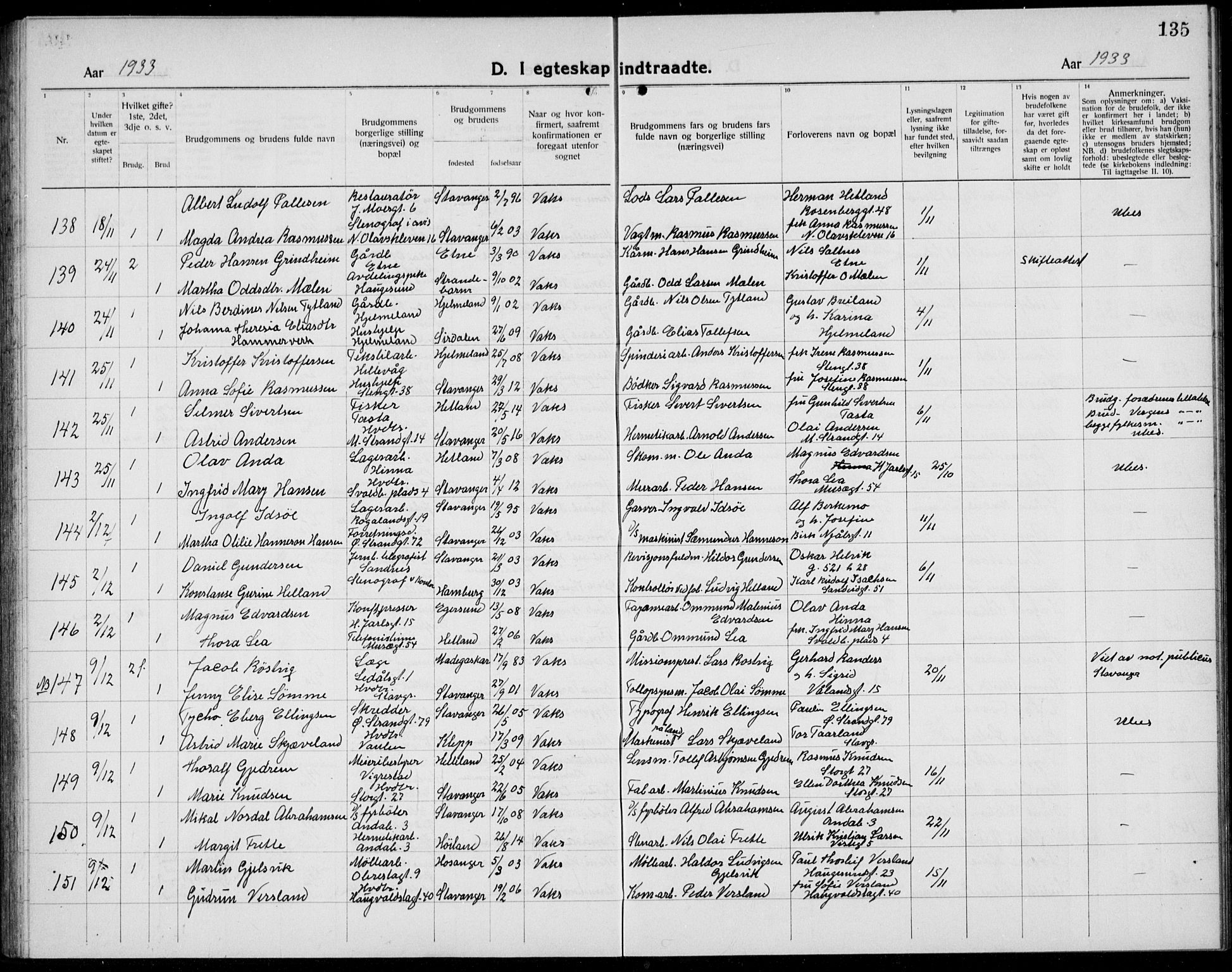 Domkirken sokneprestkontor, SAST/A-101812/001/30/30BB/L0020: Parish register (copy) no. B 20, 1921-1937, p. 135