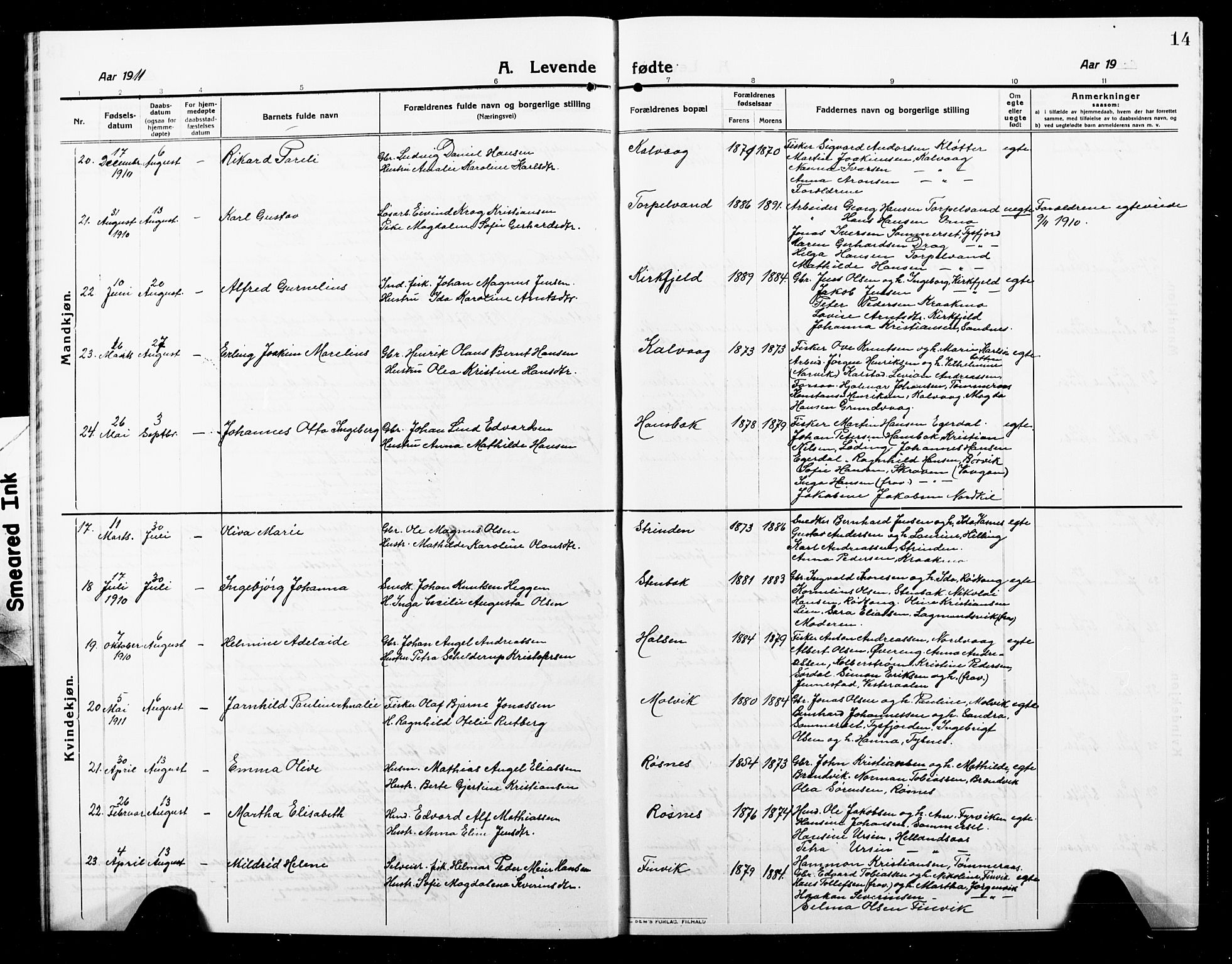 Ministerialprotokoller, klokkerbøker og fødselsregistre - Nordland, AV/SAT-A-1459/859/L0861: Parish register (copy) no. 859C07, 1910-1925, p. 14