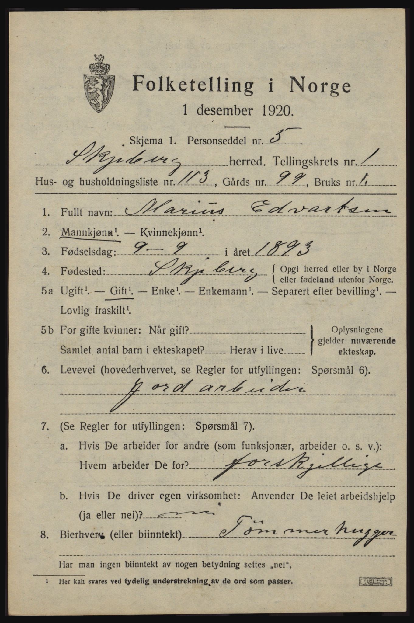 SAO, 1920 census for Skjeberg, 1920, p. 3497