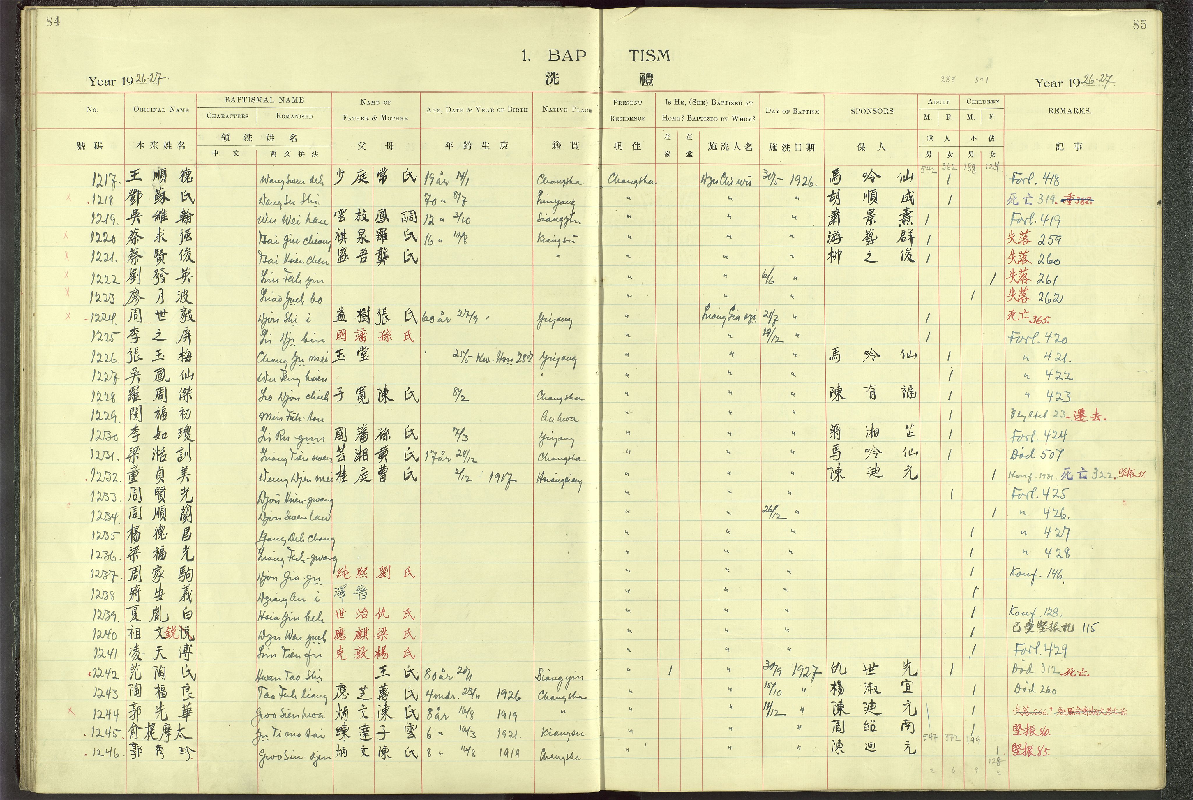 Det Norske Misjonsselskap - utland - Kina (Hunan), VID/MA-A-1065/Dm/L0001: Parish register (official) no. 46, 1903-1936, p. 84-85