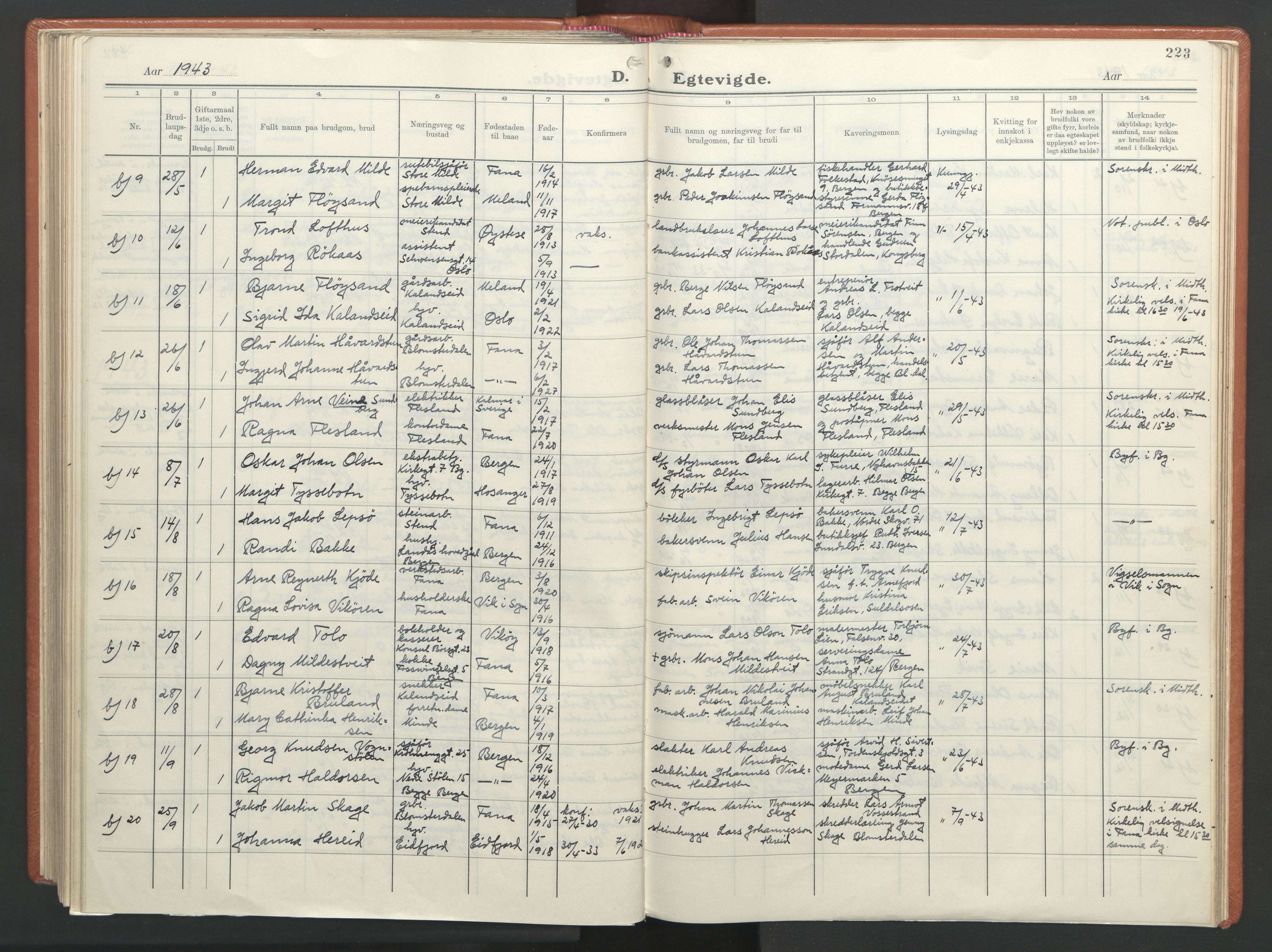 Fana Sokneprestembete, AV/SAB-A-75101/H/Haa/Haab/L0007: Parish register (official) no. B 7, 1934-1947, p. 223