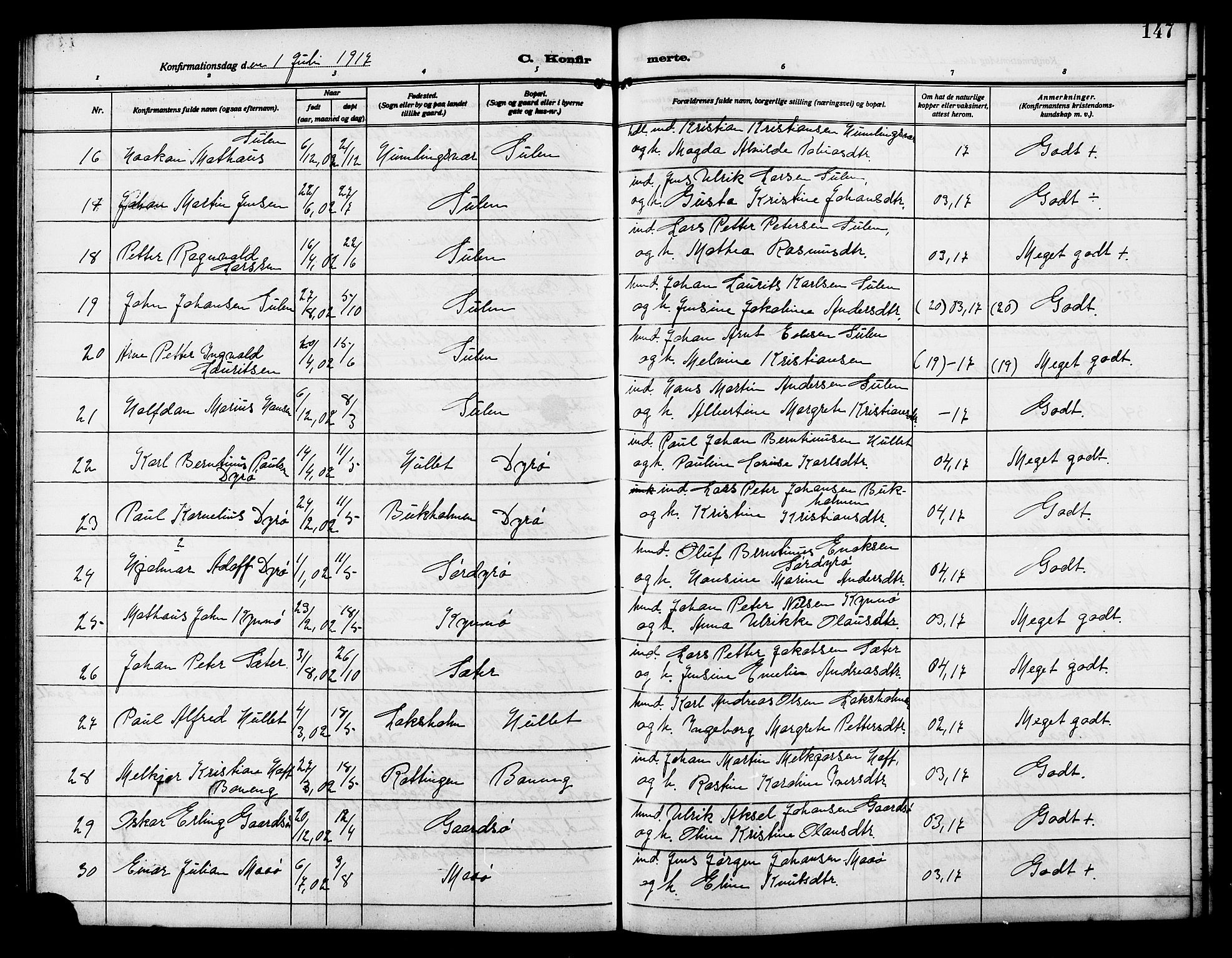Ministerialprotokoller, klokkerbøker og fødselsregistre - Sør-Trøndelag, SAT/A-1456/640/L0588: Parish register (copy) no. 640C05, 1909-1922, p. 147