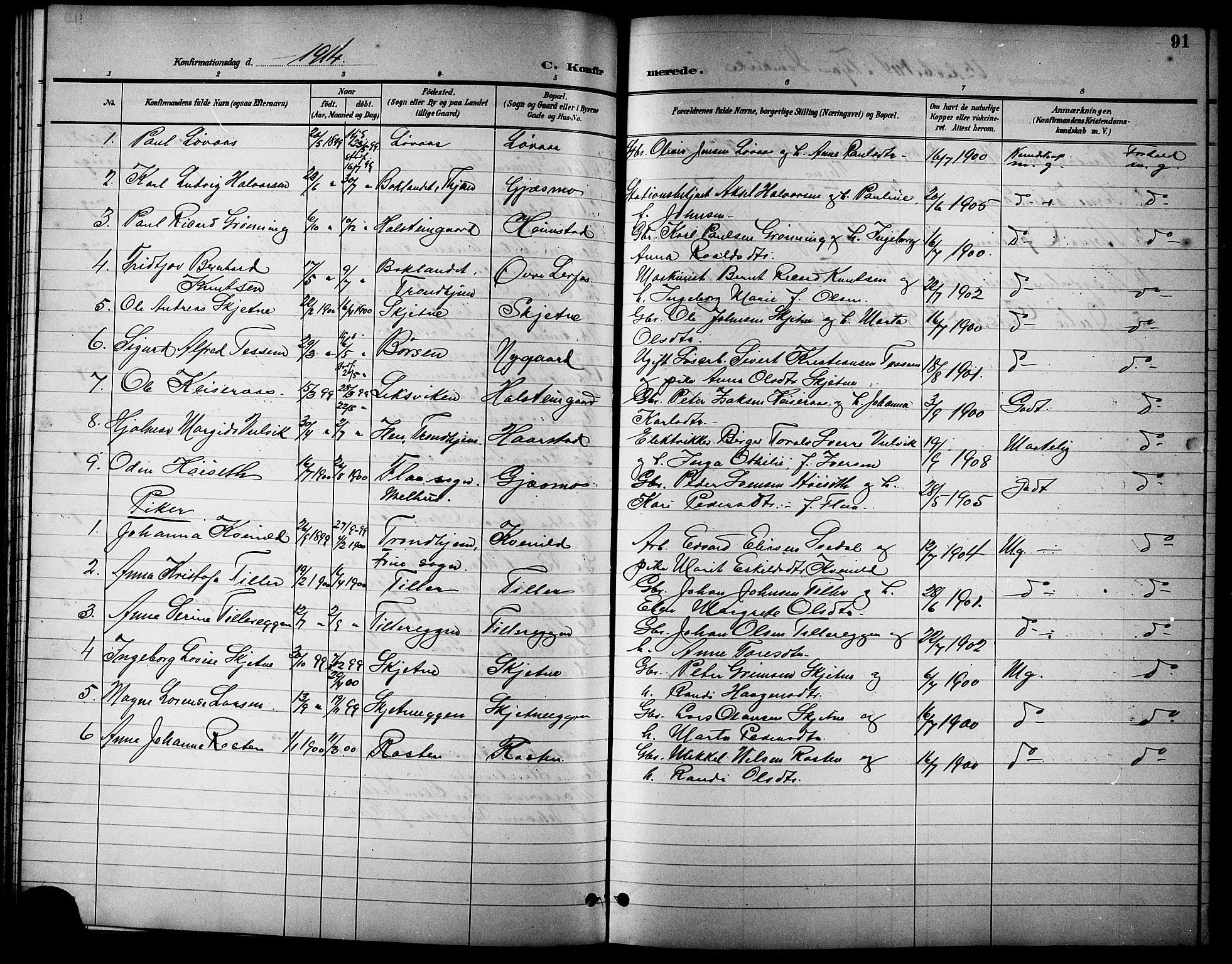 Ministerialprotokoller, klokkerbøker og fødselsregistre - Sør-Trøndelag, SAT/A-1456/621/L0460: Parish register (copy) no. 621C03, 1896-1914, p. 91