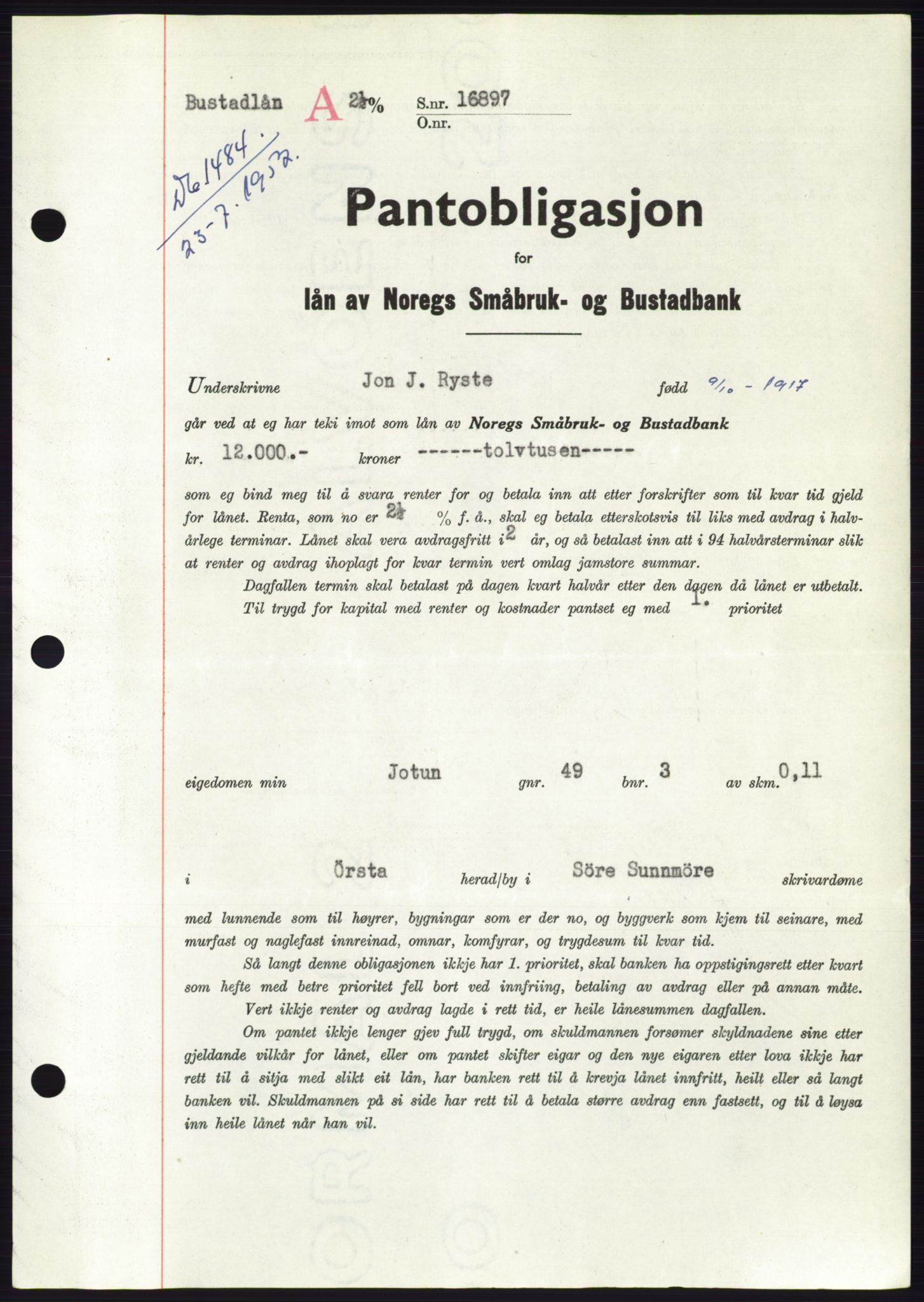 Søre Sunnmøre sorenskriveri, AV/SAT-A-4122/1/2/2C/L0121: Mortgage book no. 9B, 1951-1952, Diary no: : 1484/1952