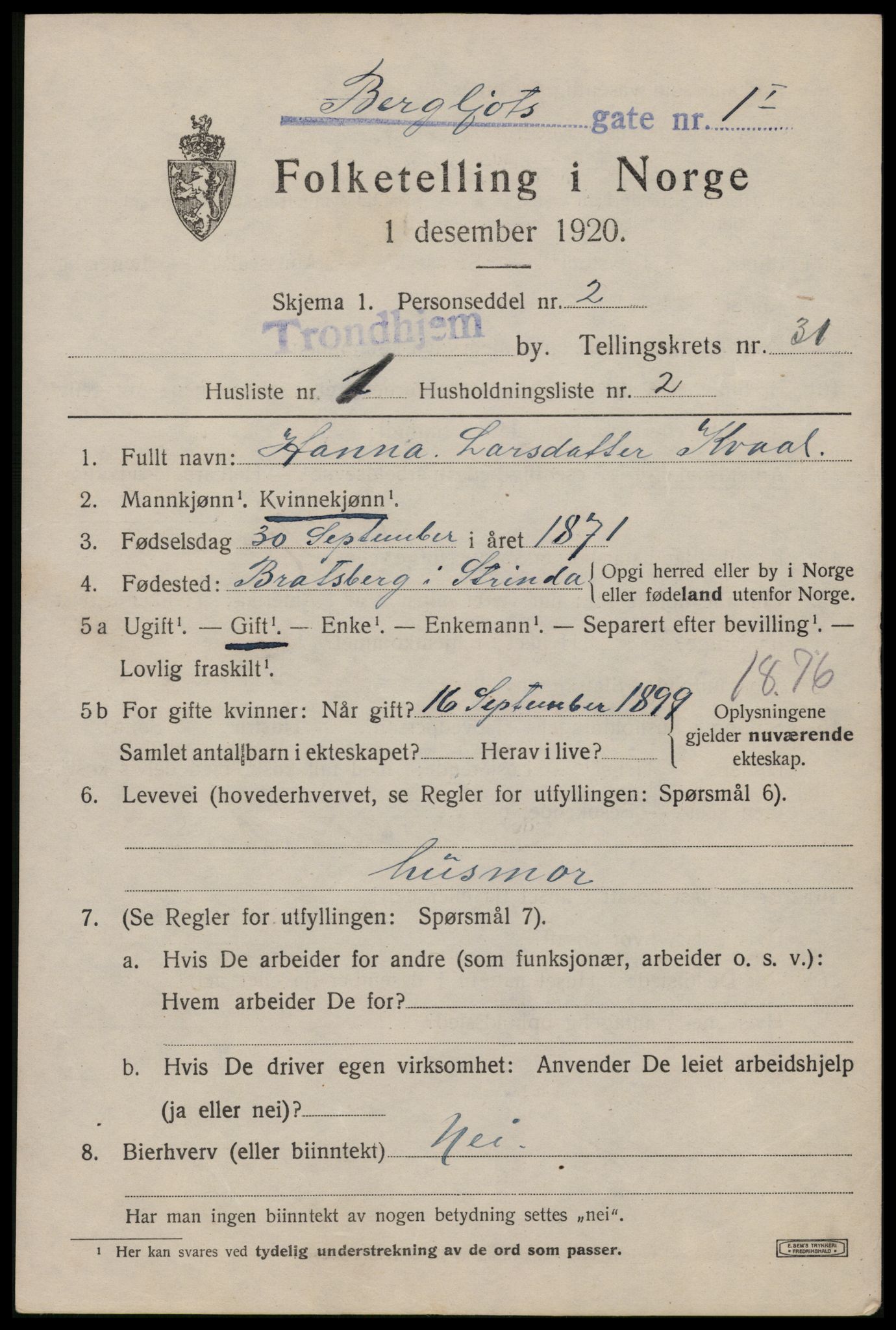 SAT, 1920 census for Trondheim, 1920, p. 76188