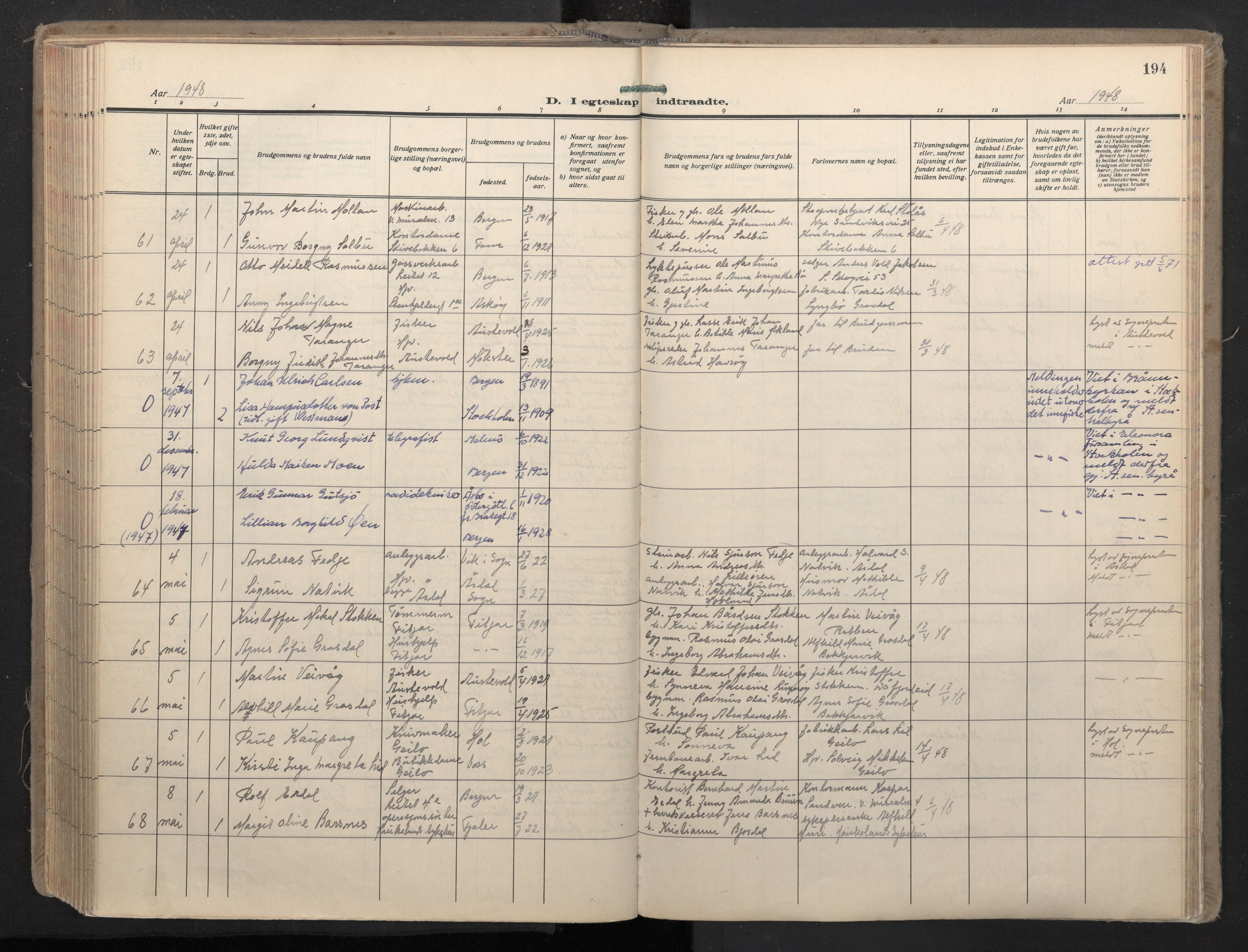 Domkirken sokneprestembete, AV/SAB-A-74801/H/Haa: Parish register (official) no. D 7, 1937-1950, p. 193b-194a