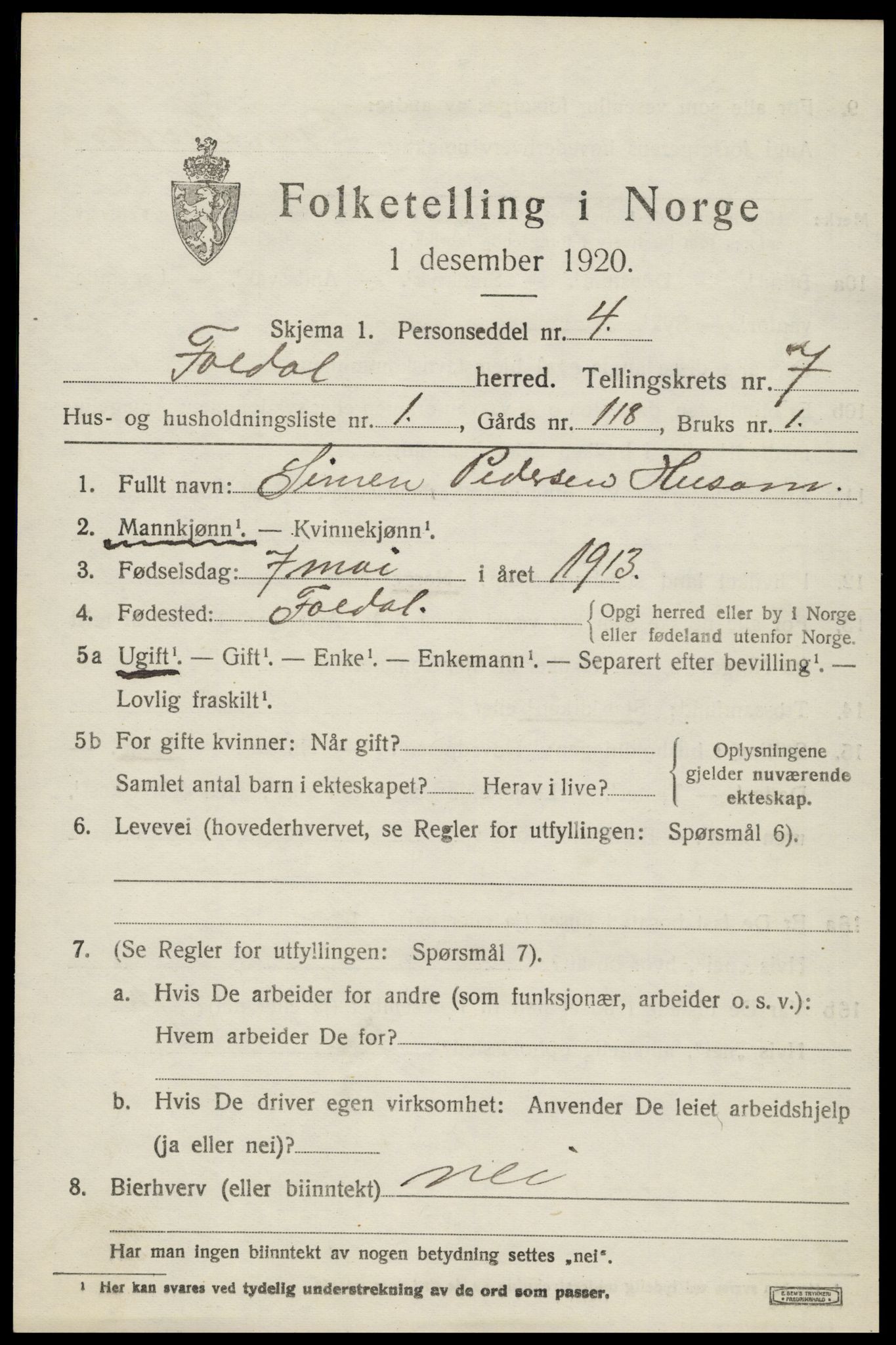 SAH, 1920 census for Folldal, 1920, p. 3923