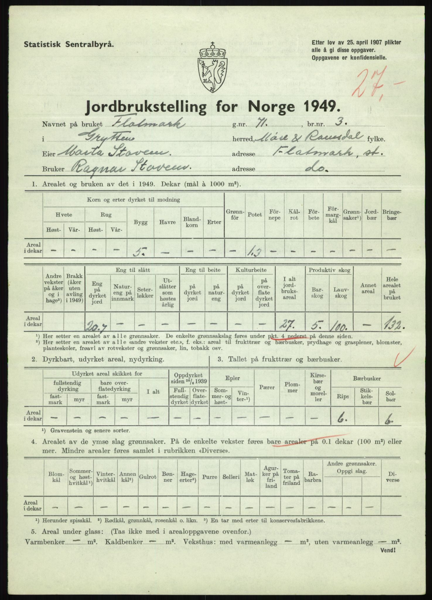 Statistisk sentralbyrå, Næringsøkonomiske emner, Jordbruk, skogbruk, jakt, fiske og fangst, AV/RA-S-2234/G/Gc/L0323: Møre og Romsdal: Grytten og Hen, 1949, p. 201