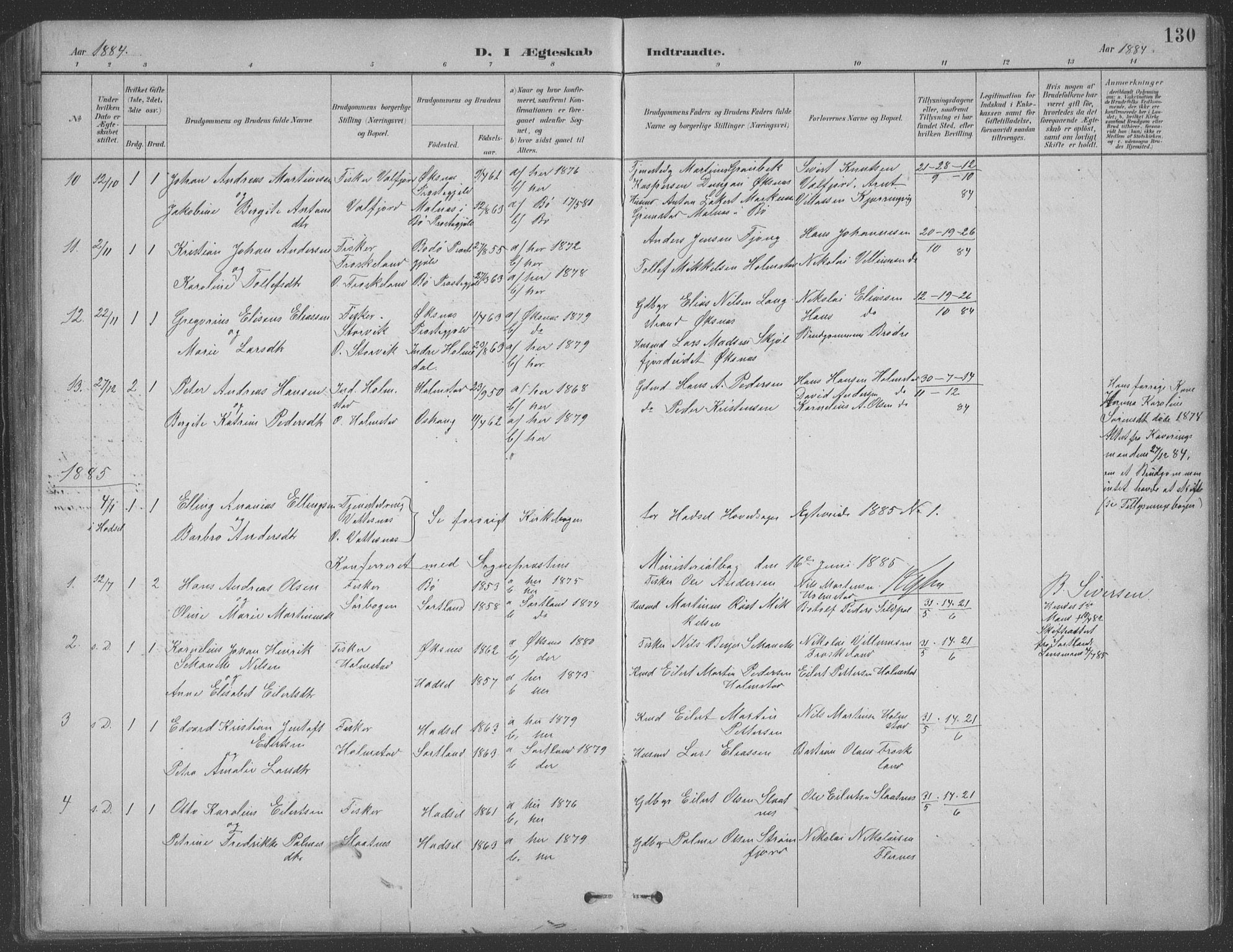 Ministerialprotokoller, klokkerbøker og fødselsregistre - Nordland, AV/SAT-A-1459/890/L1290: Parish register (copy) no. 890C01, 1882-1911, p. 130