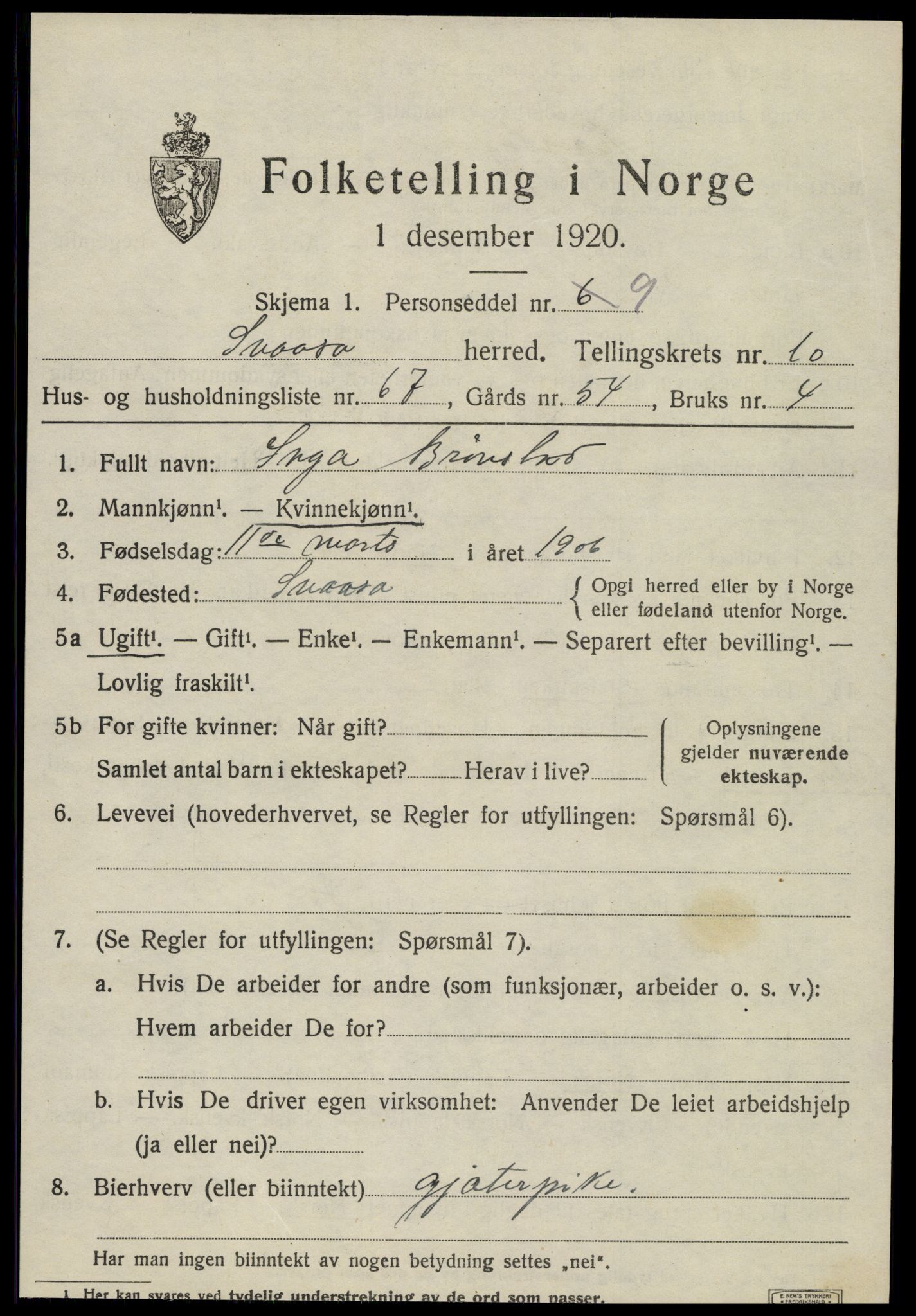 SAT, 1920 census for Snåsa, 1920, p. 4994