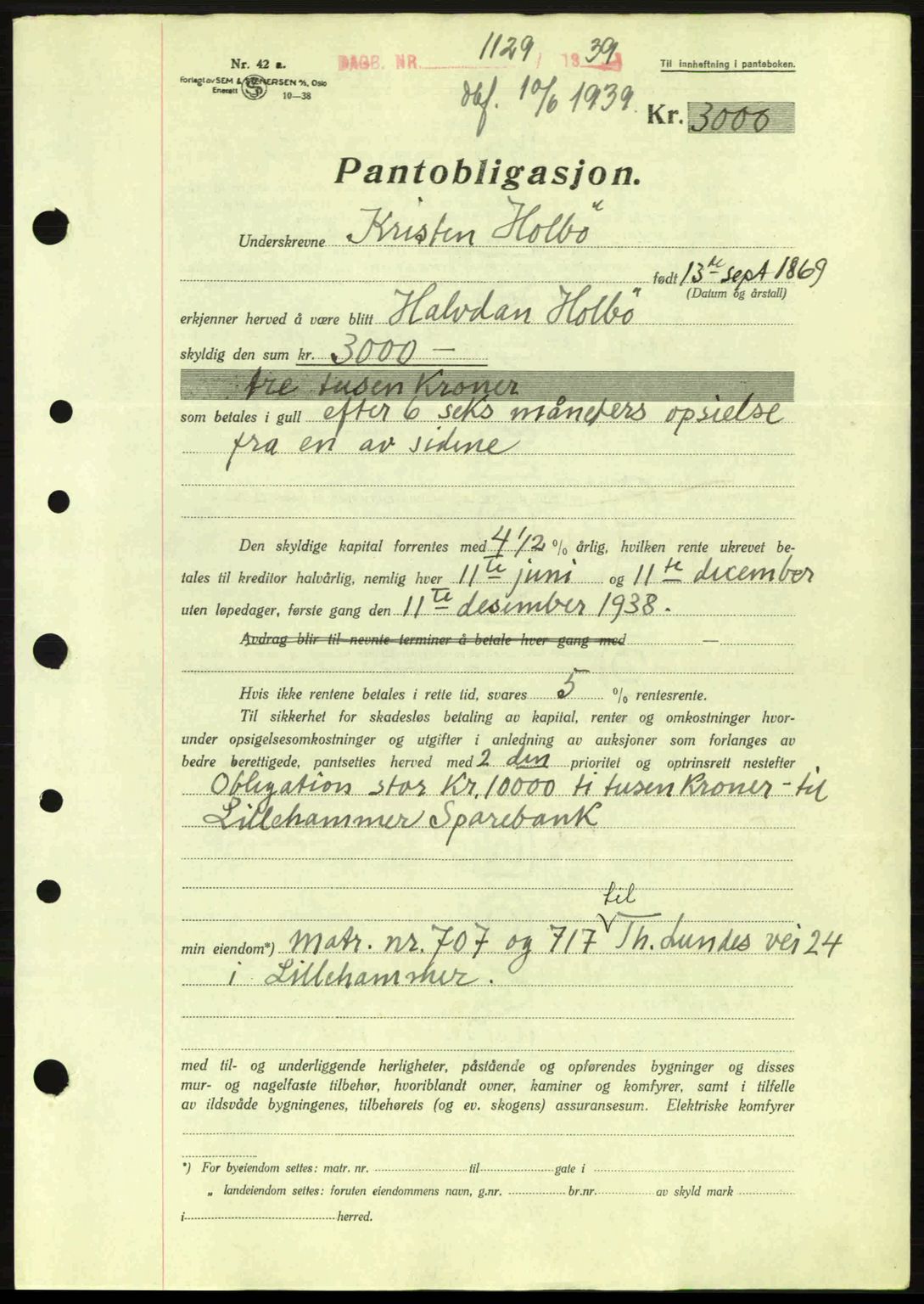 Sør-Gudbrandsdal tingrett, SAH/TING-004/H/Hb/Hbe/L0001: Mortgage book no. B1, 1936-1939, Diary no: : 1129/1939