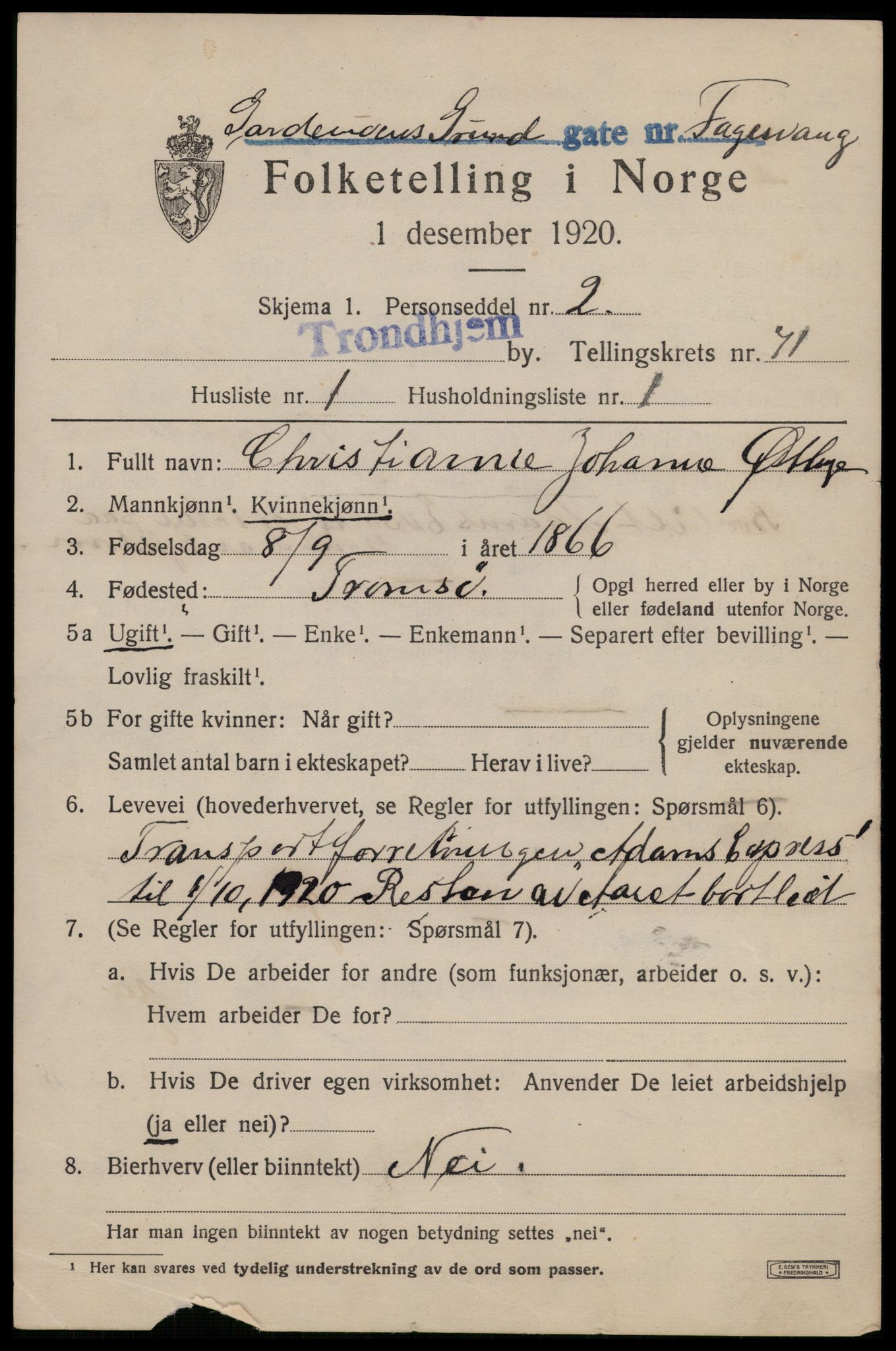 SAT, 1920 census for Trondheim, 1920, p. 139458