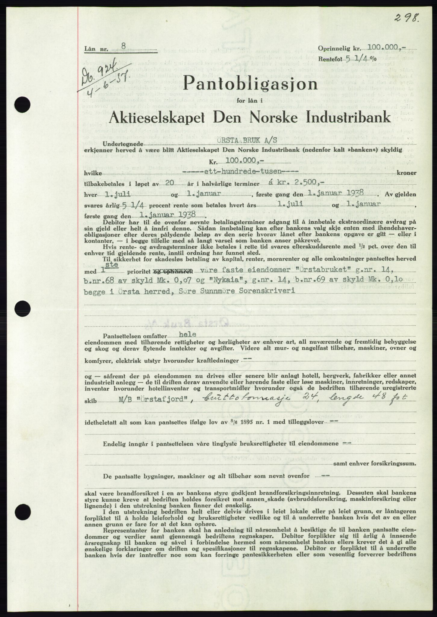 Søre Sunnmøre sorenskriveri, AV/SAT-A-4122/1/2/2C/L0063: Mortgage book no. 57, 1937-1937, Diary no: : 924/1937