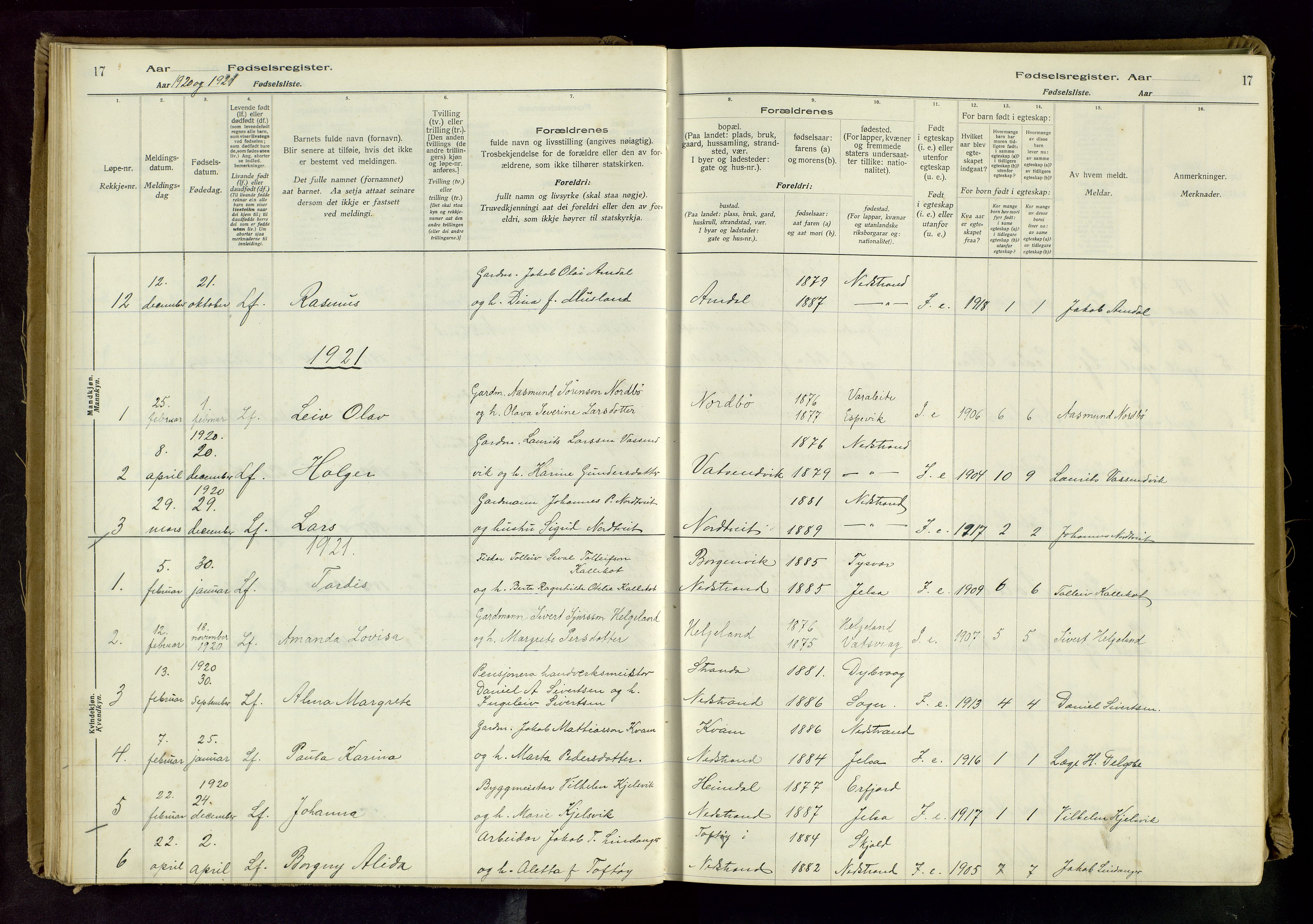 Nedstrand sokneprestkontor, SAST/A-101841/03/C/L0001: Birth register no. 1, 1916-1981, p. 17
