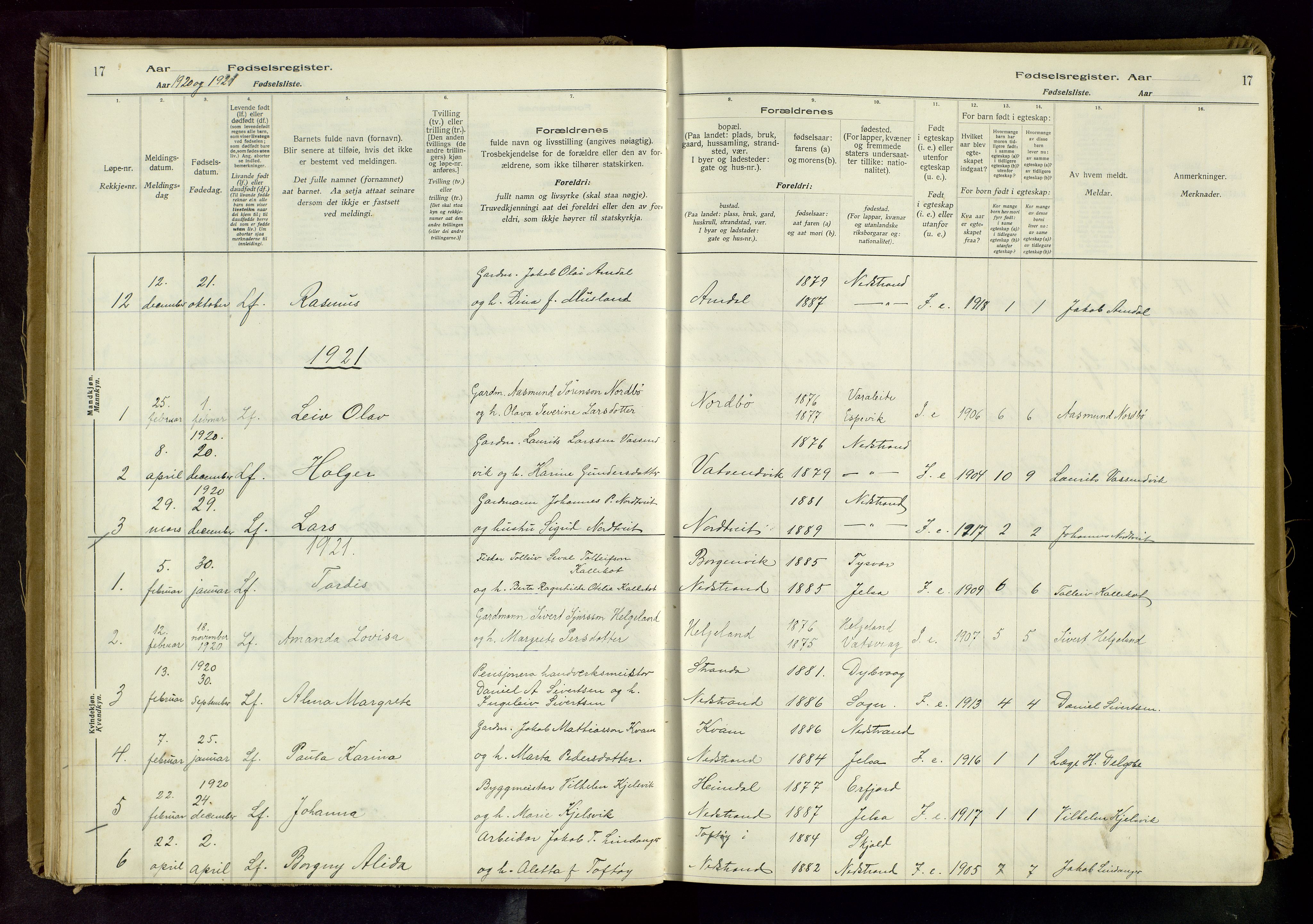 Nedstrand sokneprestkontor, AV/SAST-A-101841/03/C/L0001: Birth register no. 1, 1916-1981, p. 17