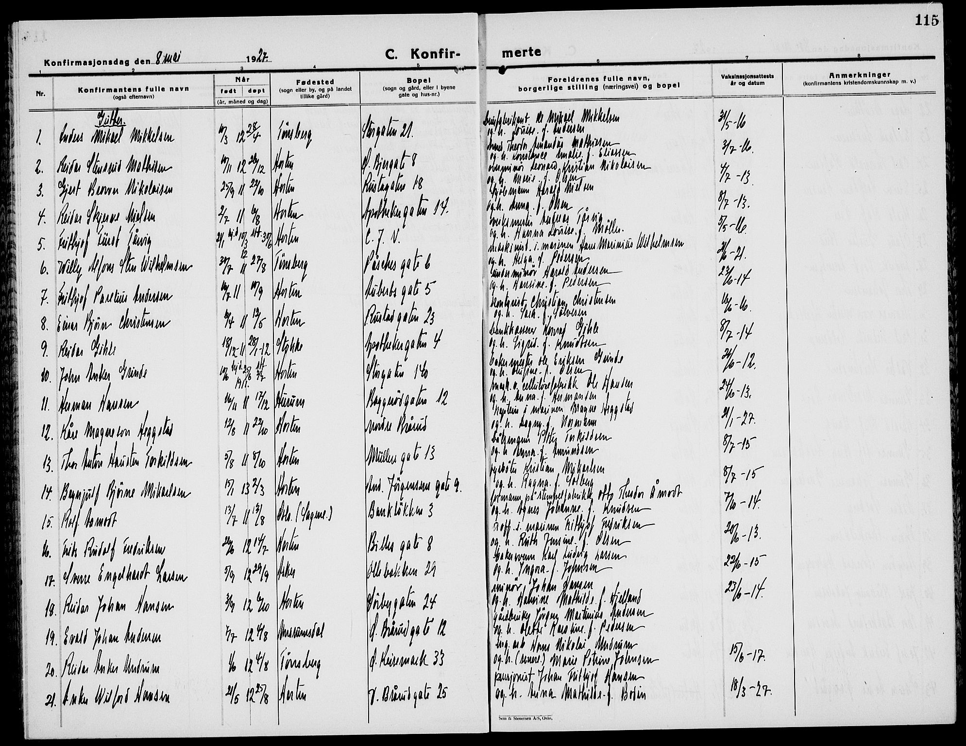 Horten kirkebøker, AV/SAKO-A-348/G/Ga/L0009: Parish register (copy) no. 9, 1926-1936, p. 115