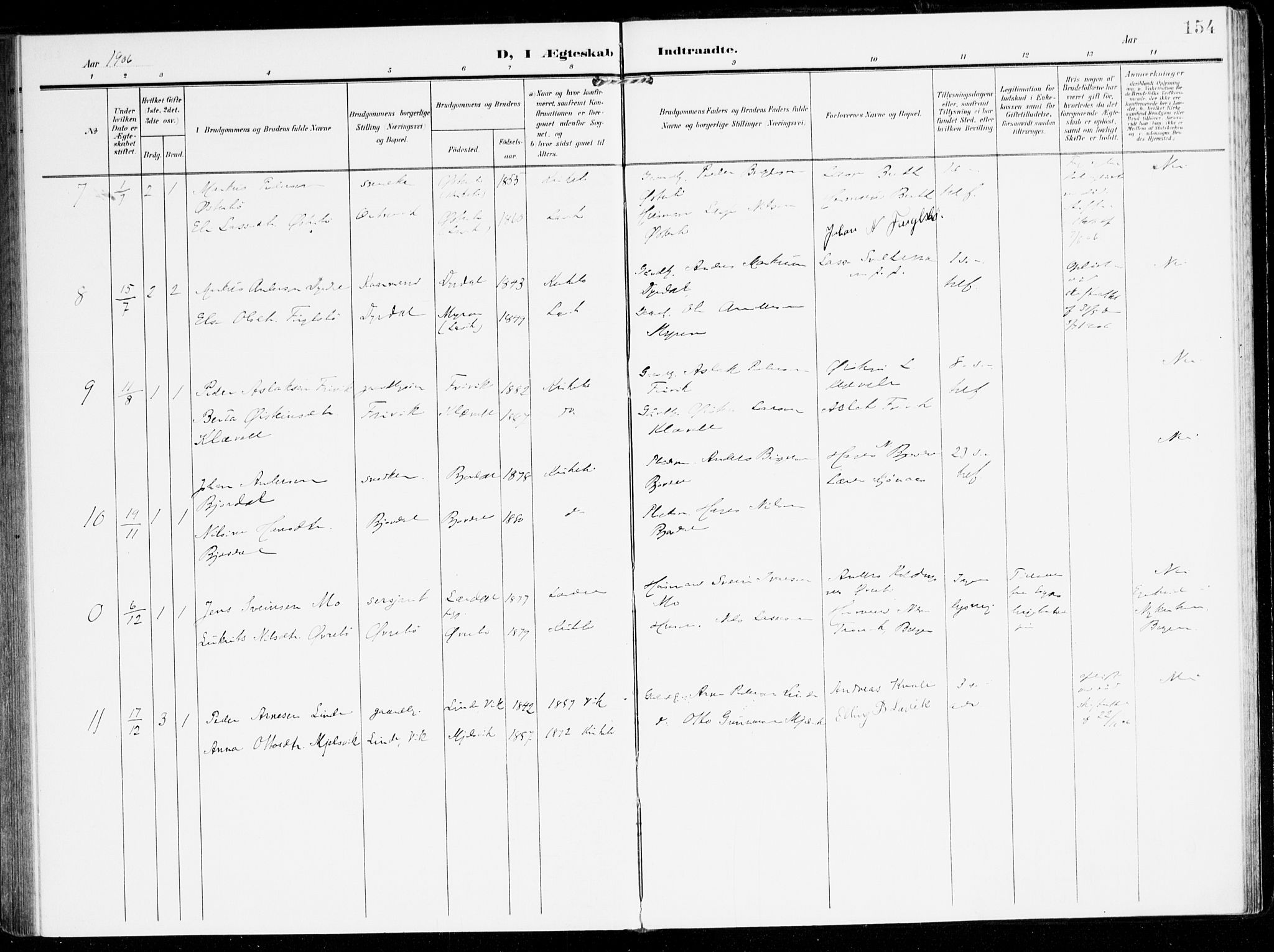 Lavik sokneprestembete, AV/SAB-A-80901: Parish register (official) no. C 2, 1904-1921, p. 154