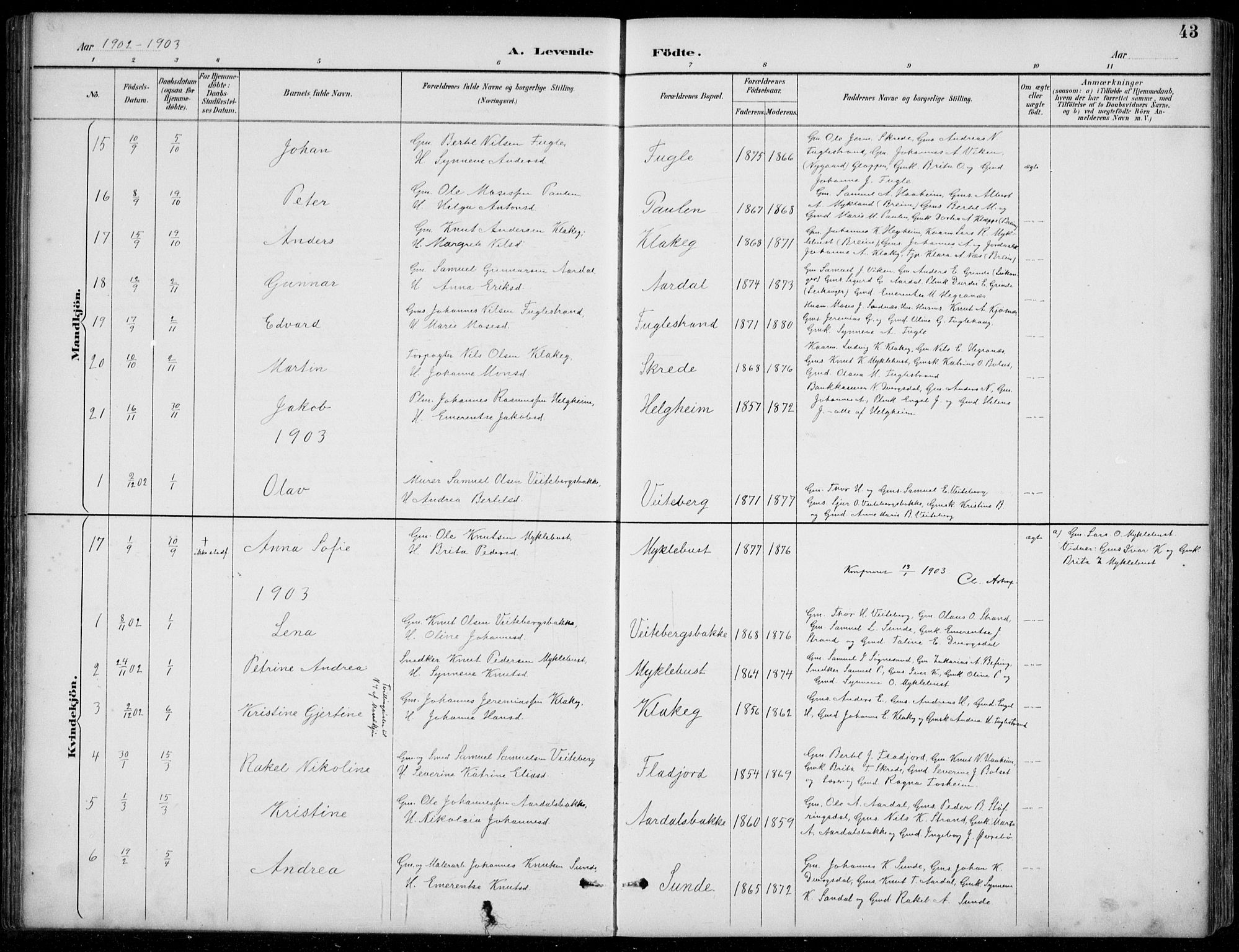 Jølster sokneprestembete, SAB/A-80701/H/Hab/Habb/L0002: Parish register (copy) no. B 2, 1887-1920, p. 43