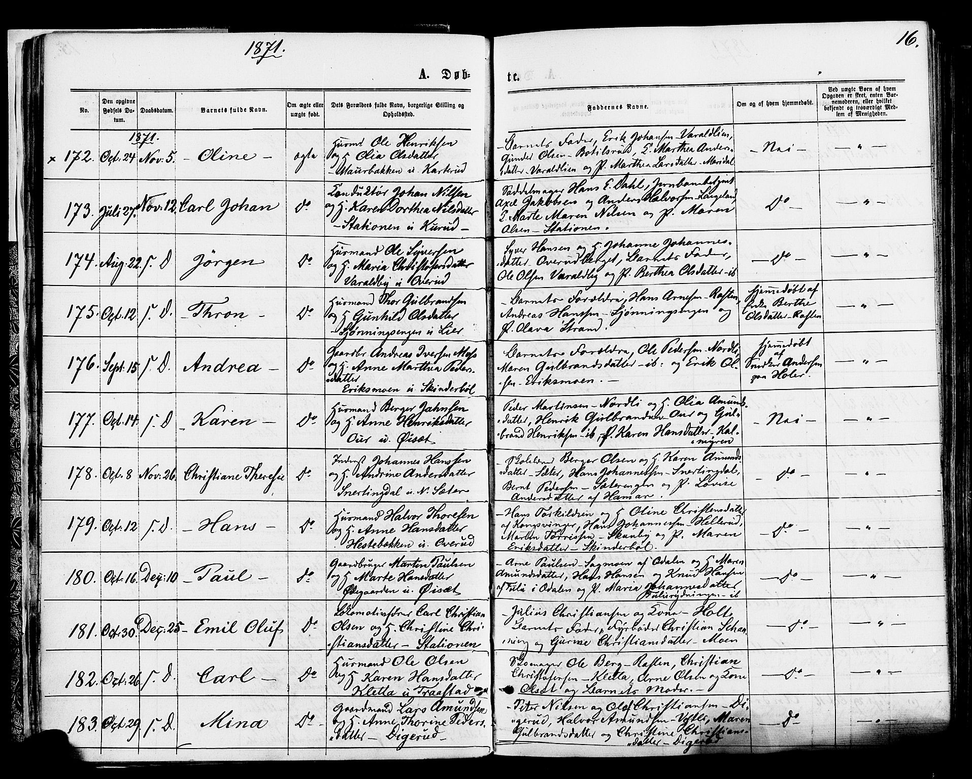 Vinger prestekontor, AV/SAH-PREST-024/H/Ha/Haa/L0012: Parish register (official) no. 12, 1871-1880, p. 16