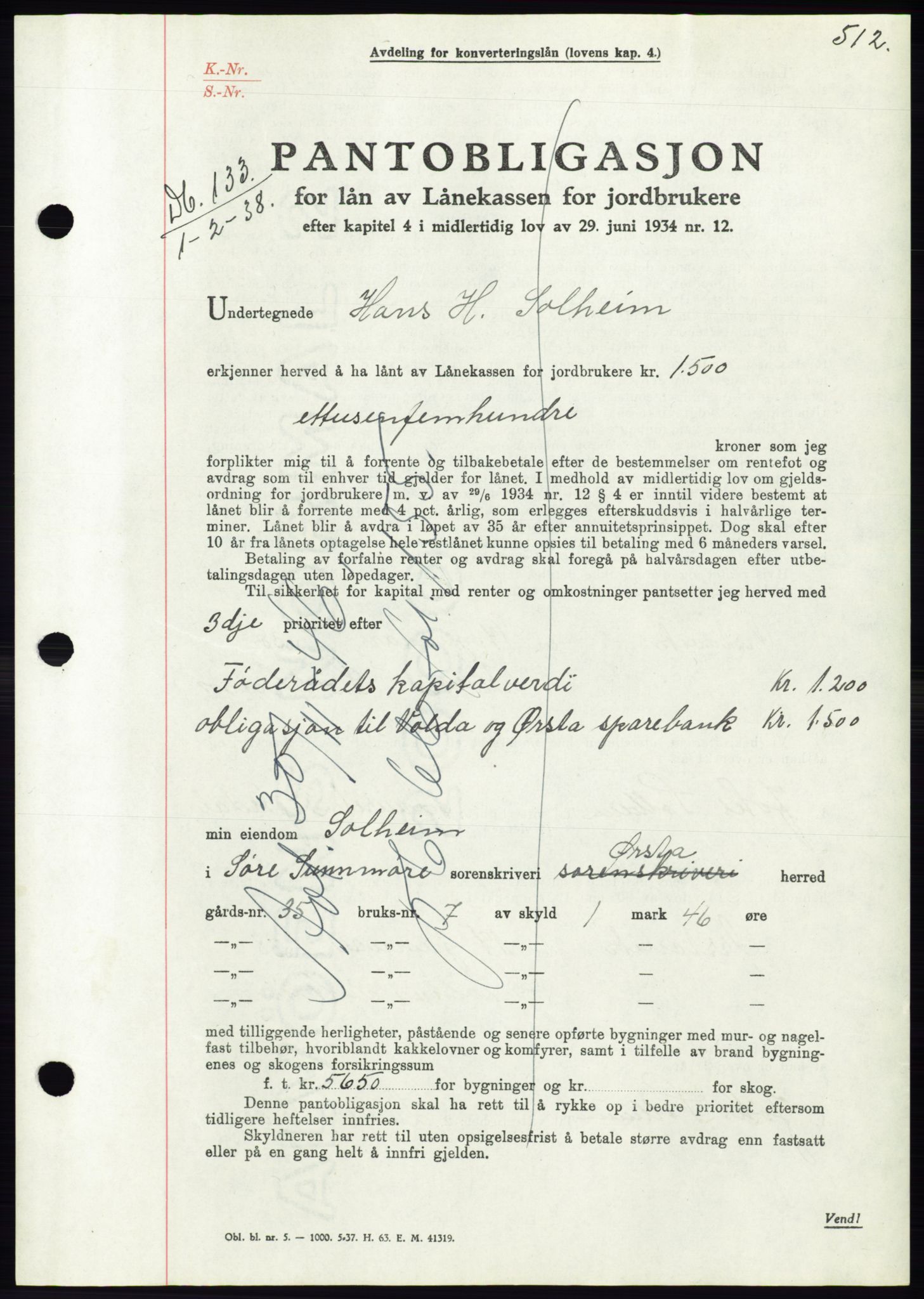 Søre Sunnmøre sorenskriveri, AV/SAT-A-4122/1/2/2C/L0064: Mortgage book no. 58, 1937-1938, Diary no: : 133/1938