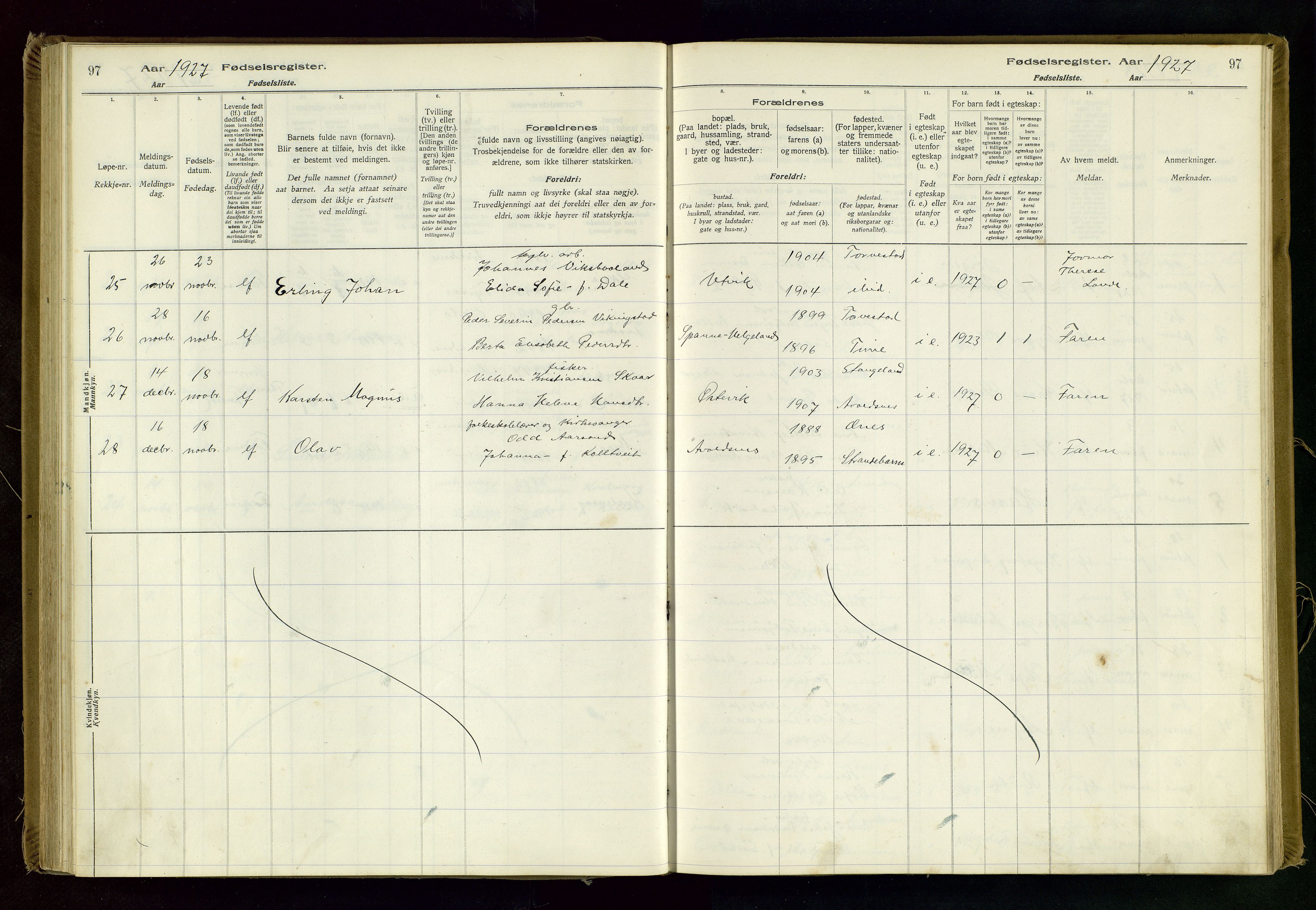 Avaldsnes sokneprestkontor, SAST/A -101851/I/Id/L0001: Birth register no. 1, 1916-1946, p. 97