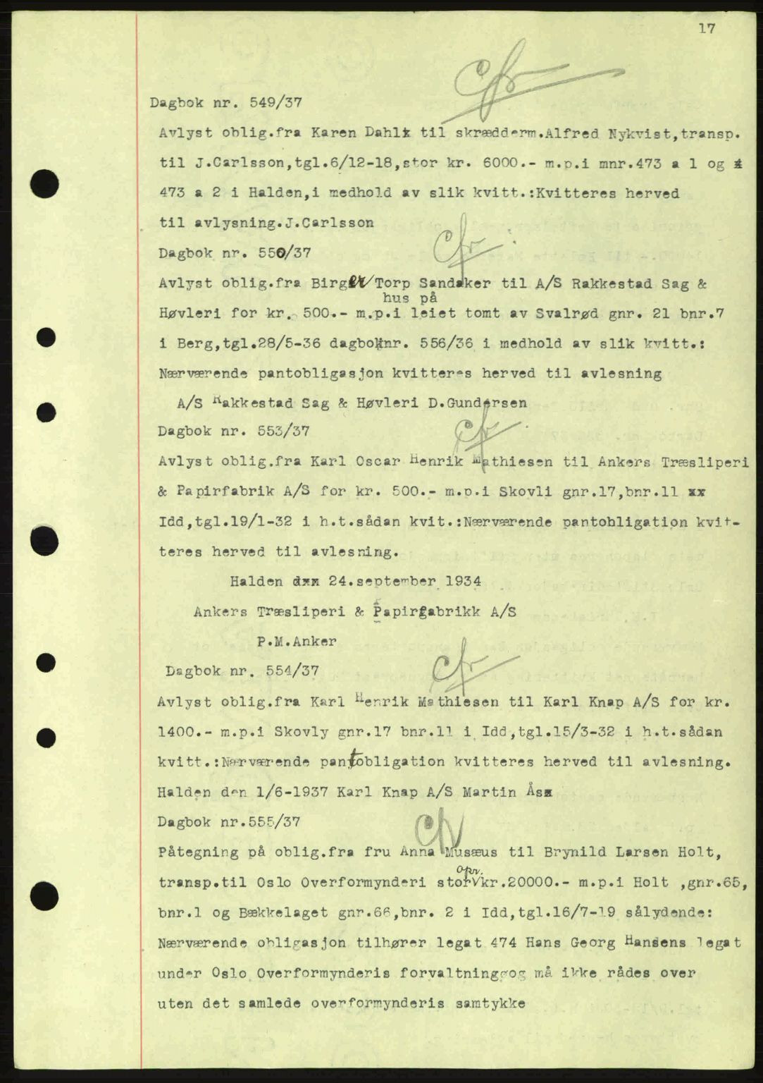 Idd og Marker sorenskriveri, AV/SAO-A-10283/G/Gb/Gbc/L0001: Mortgage book no. B1-3, 1936-1939, Diary no: : 549/1937