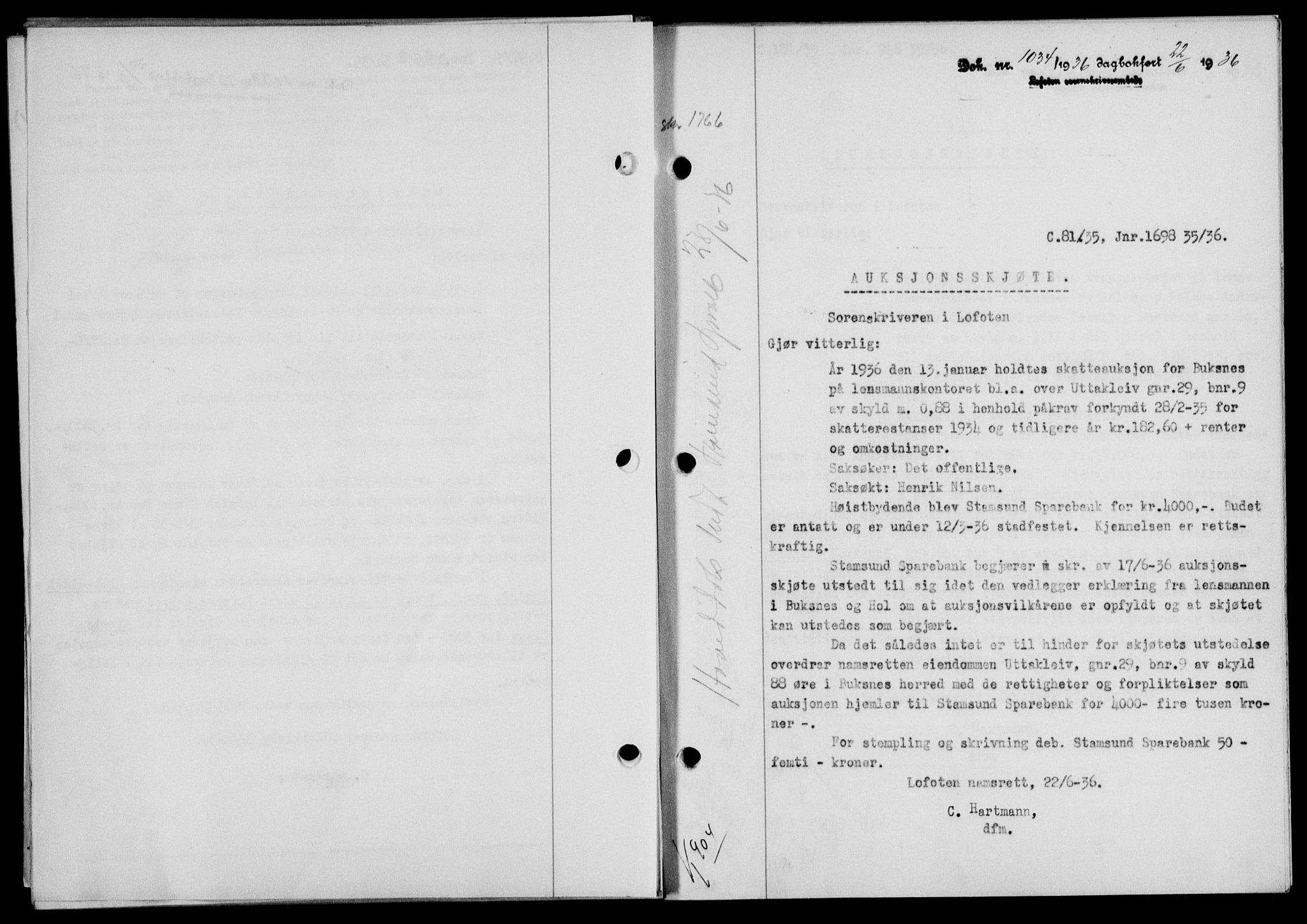 Lofoten sorenskriveri, SAT/A-0017/1/2/2C/L0033b: Mortgage book no. 33b, 1936-1936, Diary no: : 1034/1936