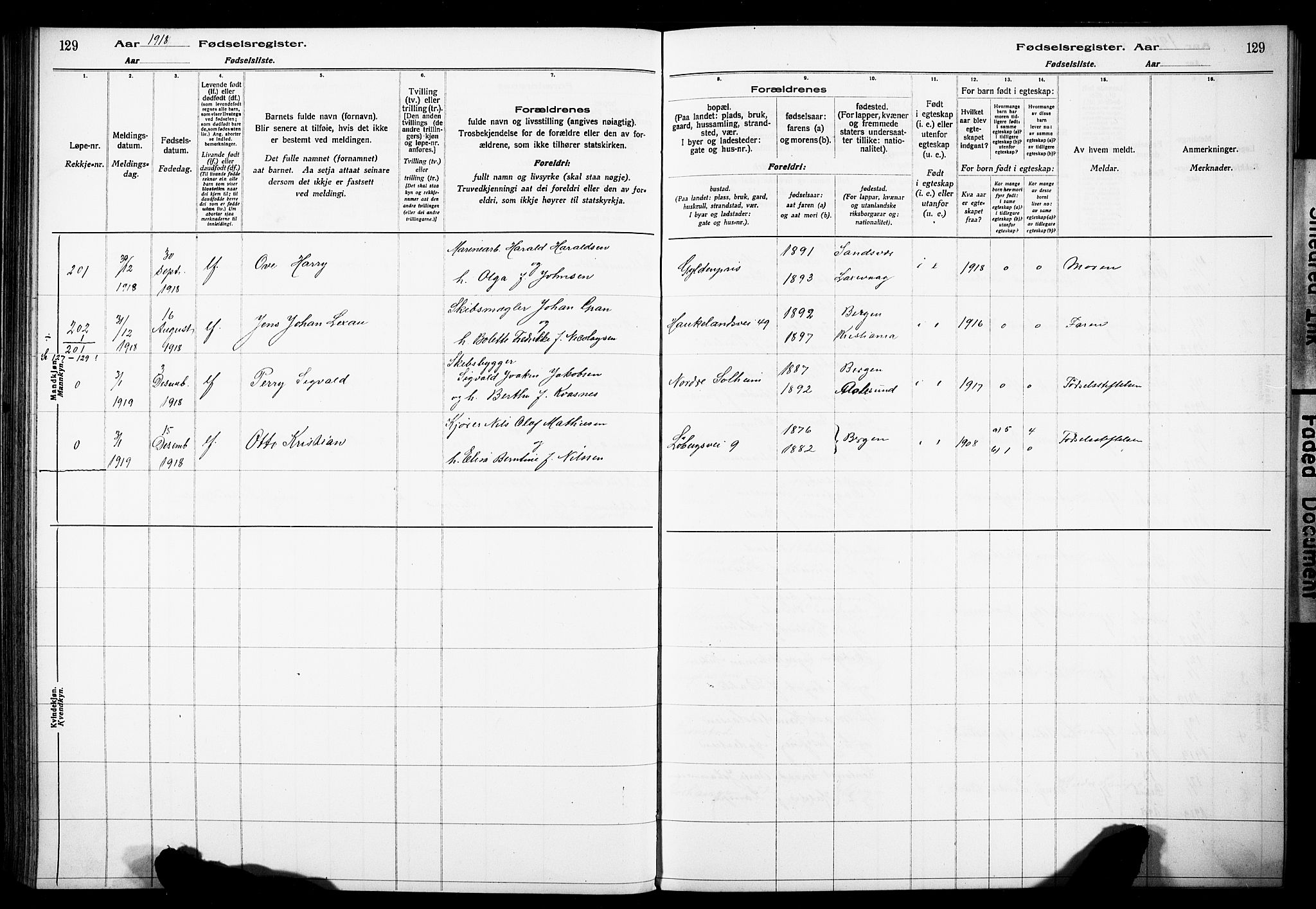 Årstad Sokneprestembete, AV/SAB-A-79301/I/Id/L0A01: Birth register no. A 1, 1916-1920, p. 129