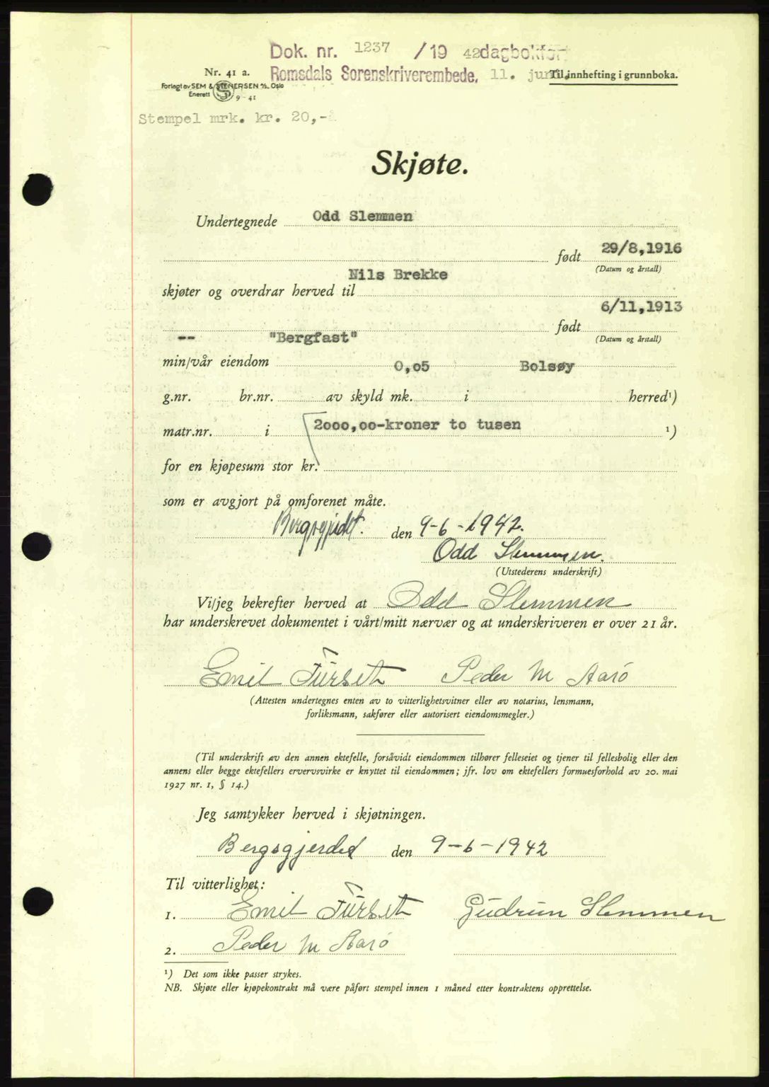 Romsdal sorenskriveri, AV/SAT-A-4149/1/2/2C: Mortgage book no. A12, 1942-1942, Diary no: : 1237/1942