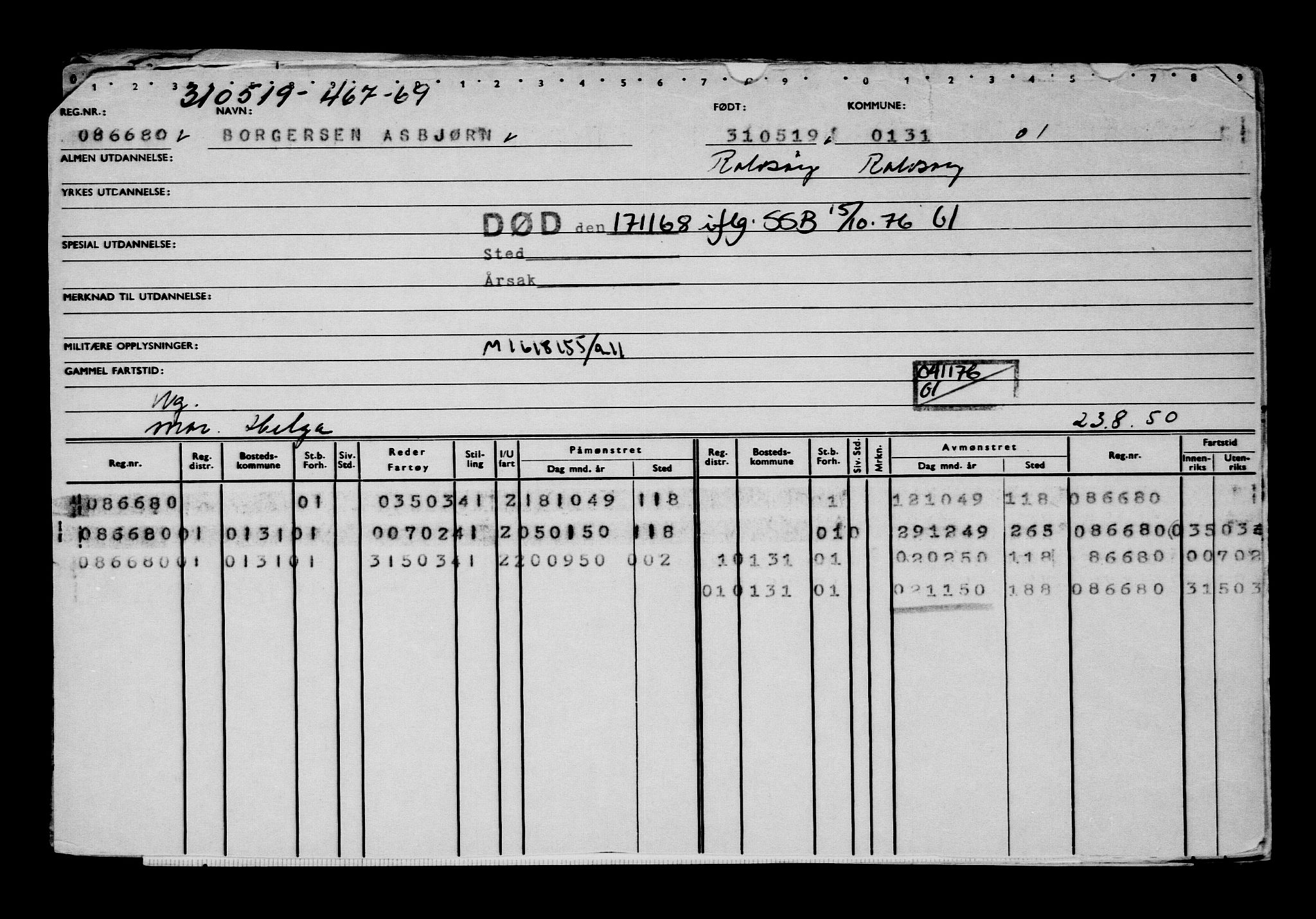 Direktoratet for sjømenn, RA/S-3545/G/Gb/L0169: Hovedkort, 1919, p. 250