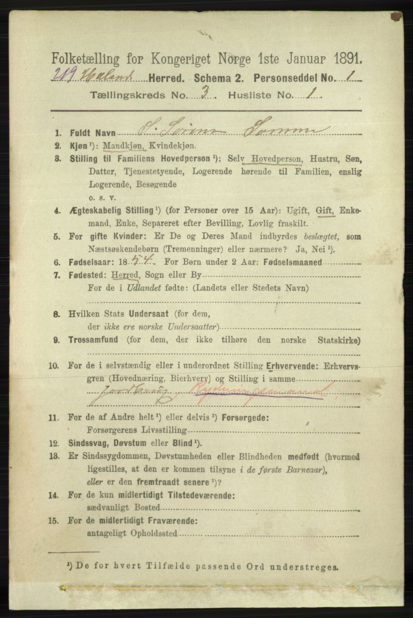 RA, 1891 census for 1124 Haaland, 1891, p. 1705