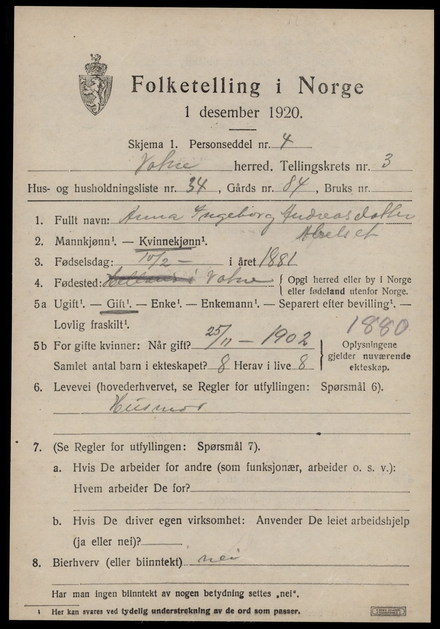 SAT, 1920 census for Vatne, 1920, p. 1794
