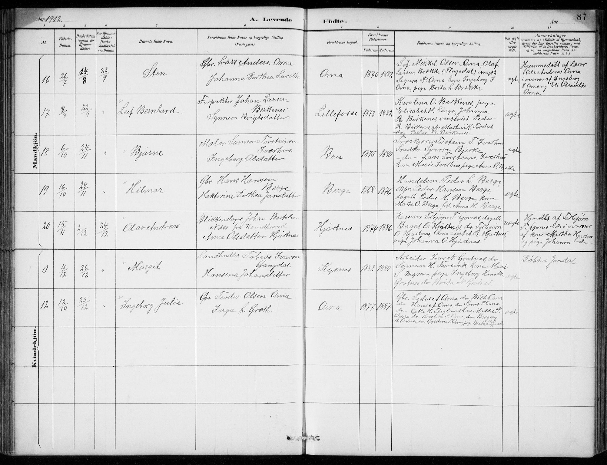Strandebarm sokneprestembete, AV/SAB-A-78401/H/Hab: Parish register (copy) no. B  1, 1891-1914, p. 87