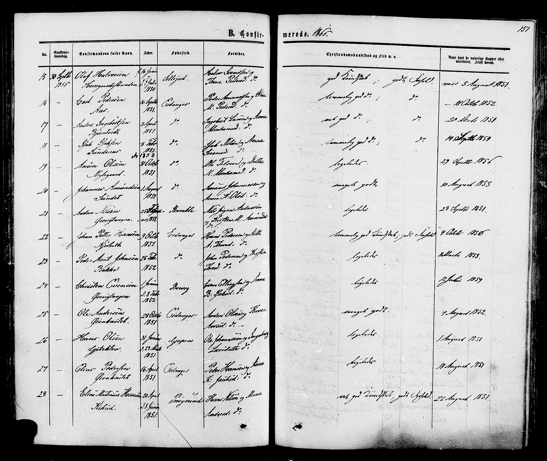 Eidanger kirkebøker, SAKO/A-261/F/Fa/L0010: Parish register (official) no. 10, 1859-1874, p. 151