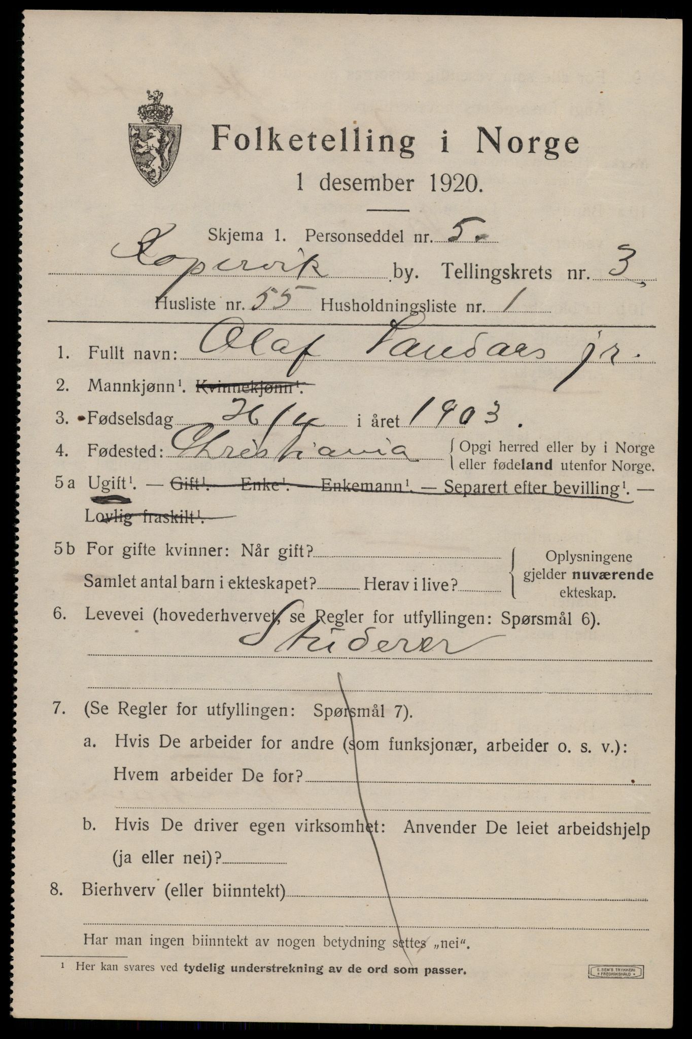 SAST, 1920 census for Kopervik, 1920, p. 4842