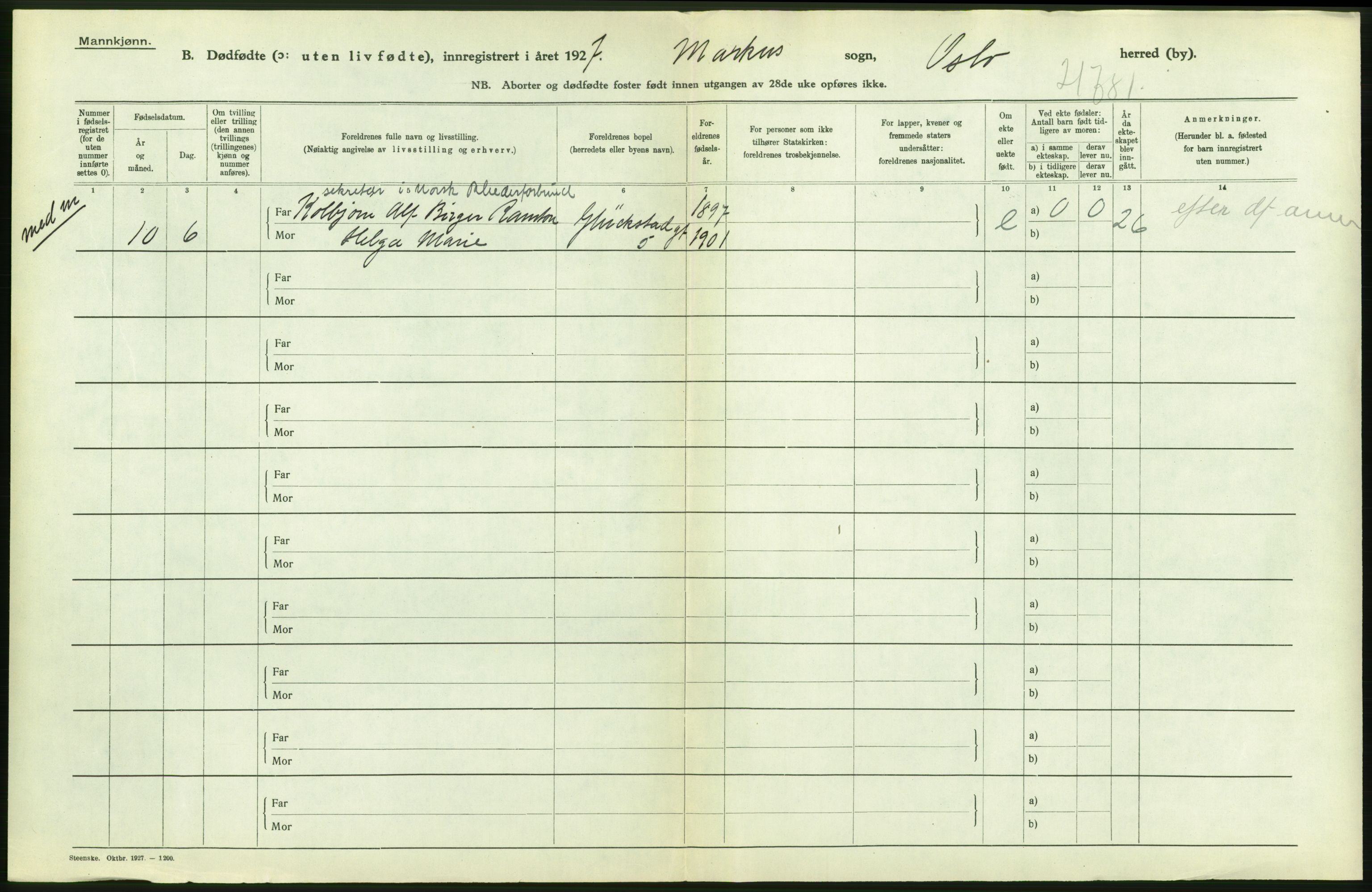 Statistisk sentralbyrå, Sosiodemografiske emner, Befolkning, RA/S-2228/D/Df/Dfc/Dfcg/L0010: Oslo: Døde kvinner, dødfødte, 1927, p. 108