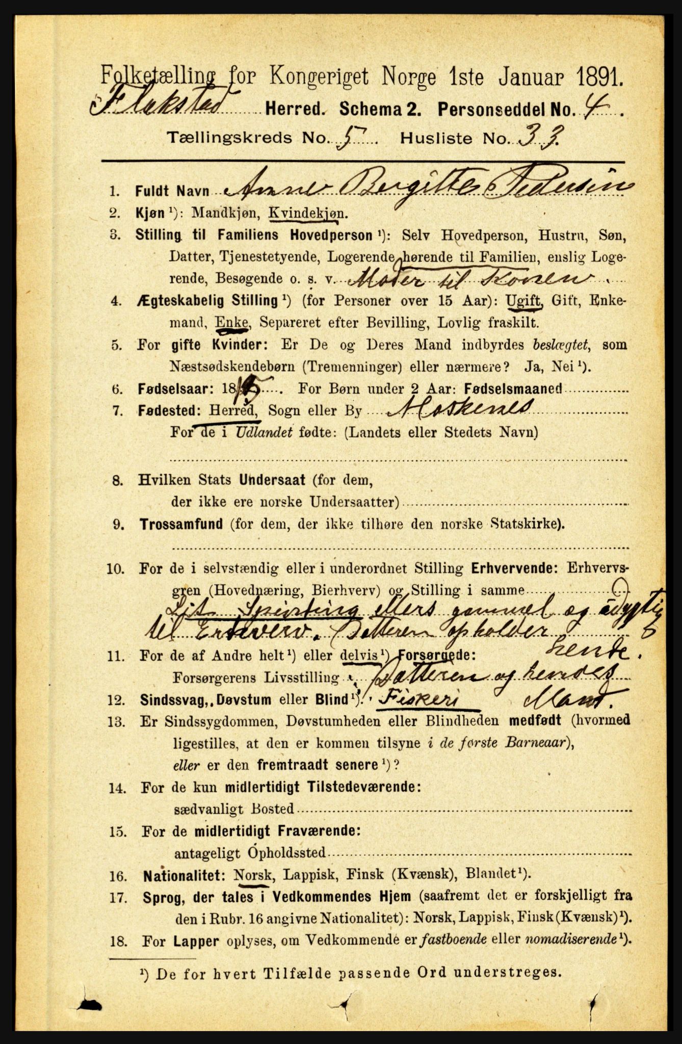 RA, 1891 census for 1859 Flakstad, 1891, p. 2701