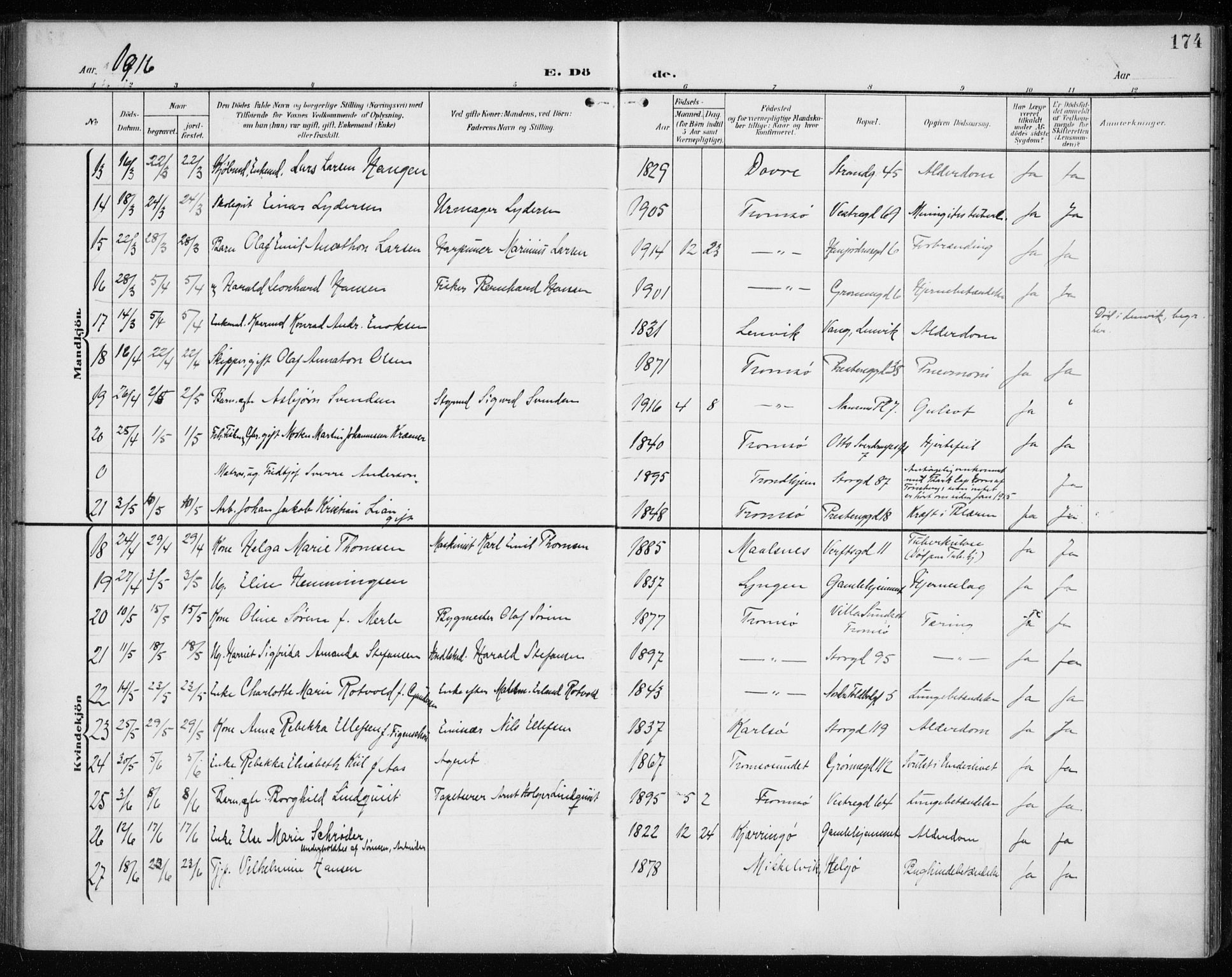 Tromsø sokneprestkontor/stiftsprosti/domprosti, AV/SATØ-S-1343/G/Ga/L0018kirke: Parish register (official) no. 18, 1907-1917, p. 174